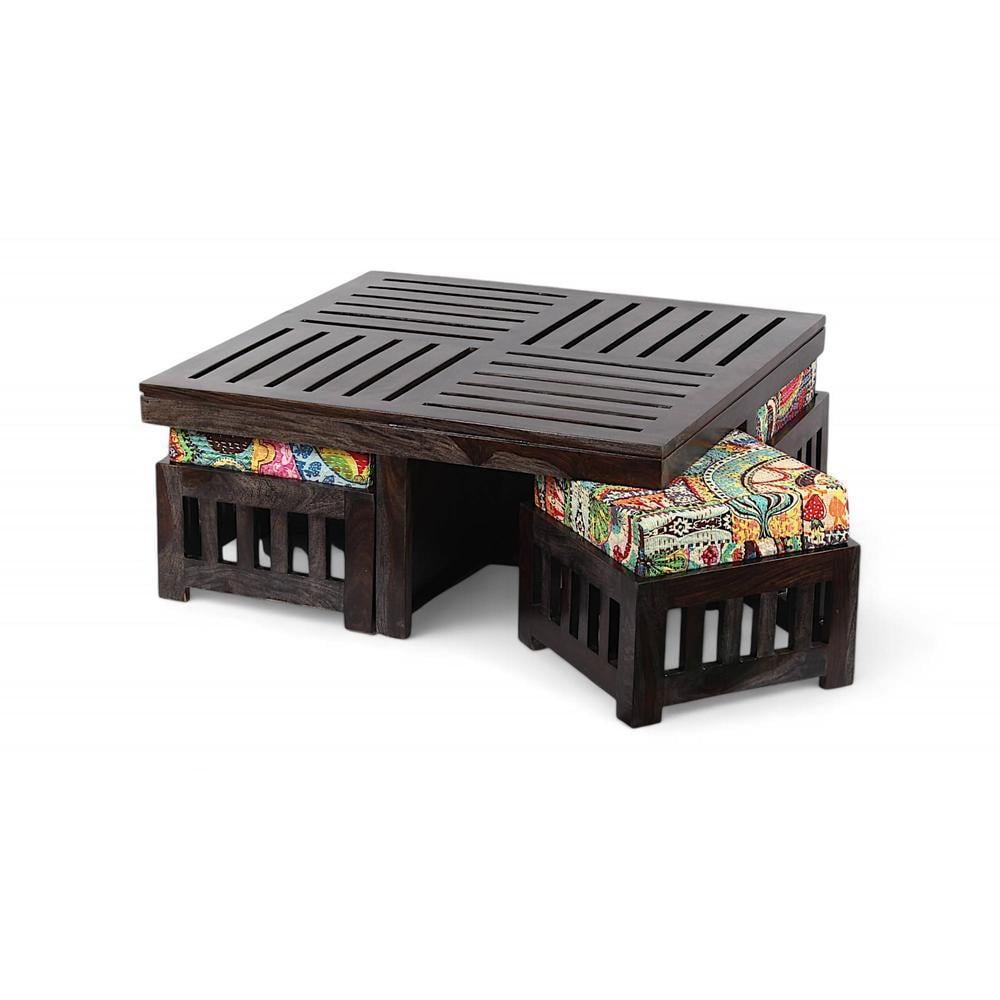 Palladio Sheesham Wood Coffee Table With 4 Stools Set In Mahogany Finish & Multi Colour Israel Print Kantha Fabric Cushions