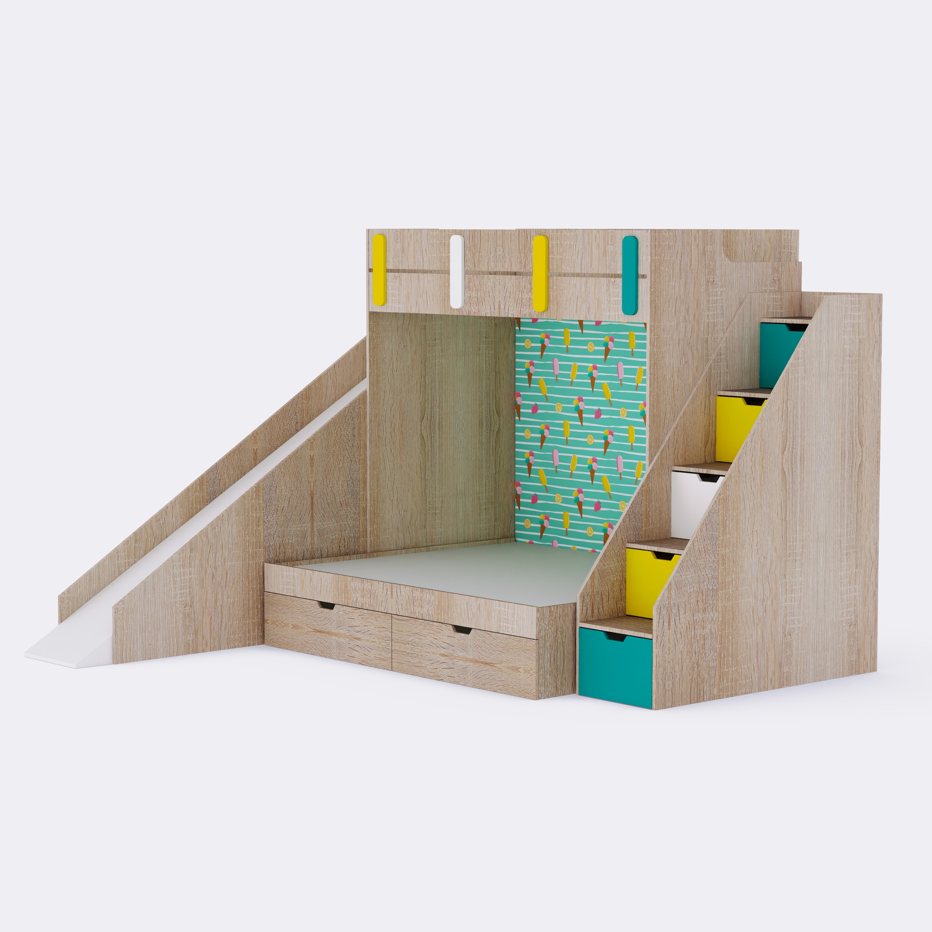 Sleep N SlideBunk Bed 6X5 Drawers On Wheels In Oak and Cyan Colour67