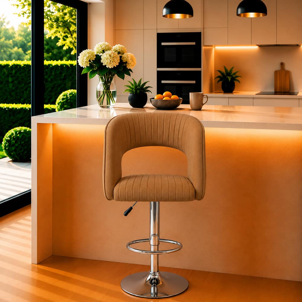 Doe Buck Adjustable Upholstered Bar Stool in Brown Colour with Chrome Base - Doe Buck