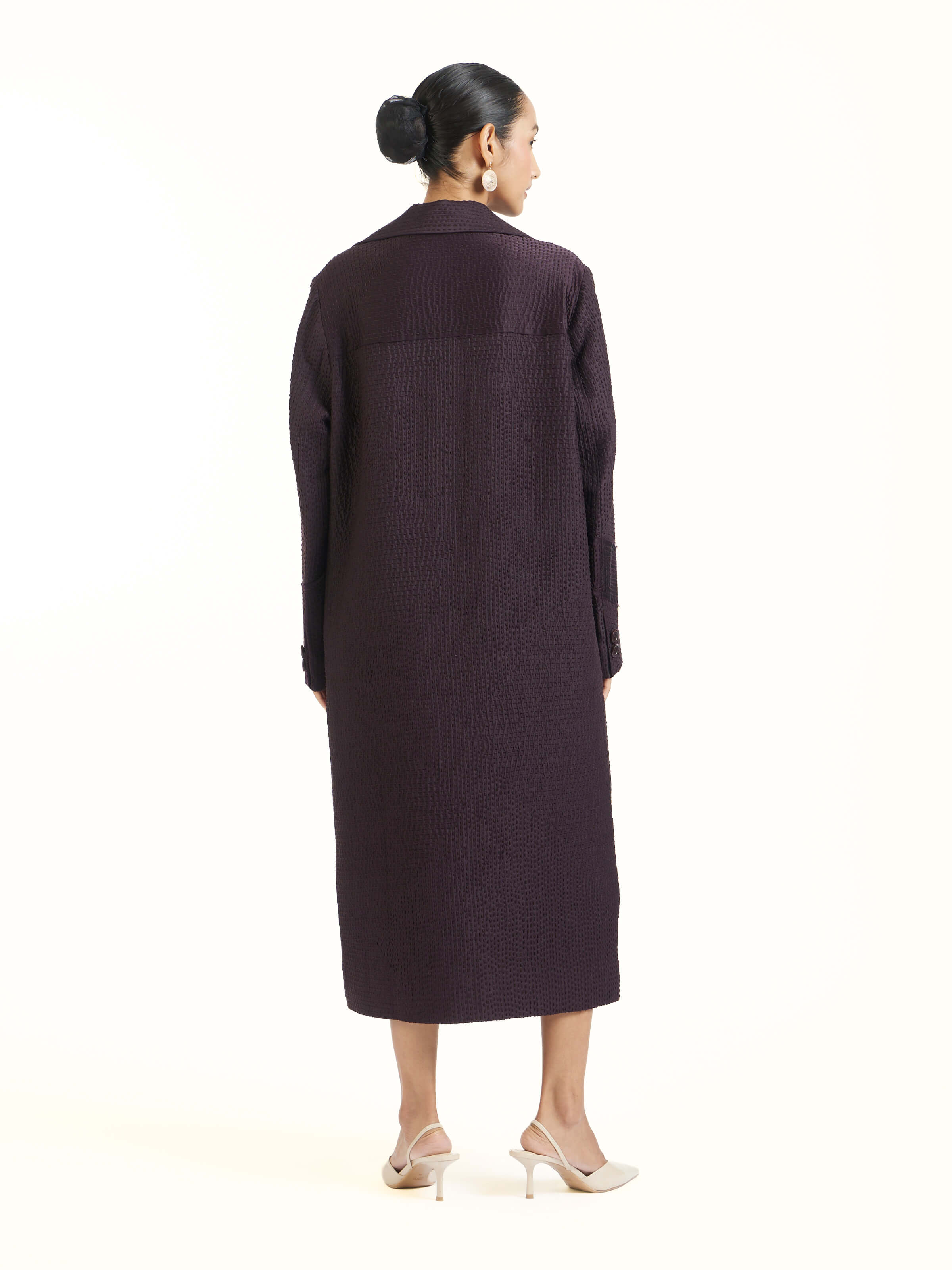 Back view of purple silk kantha trench coat showing overall design