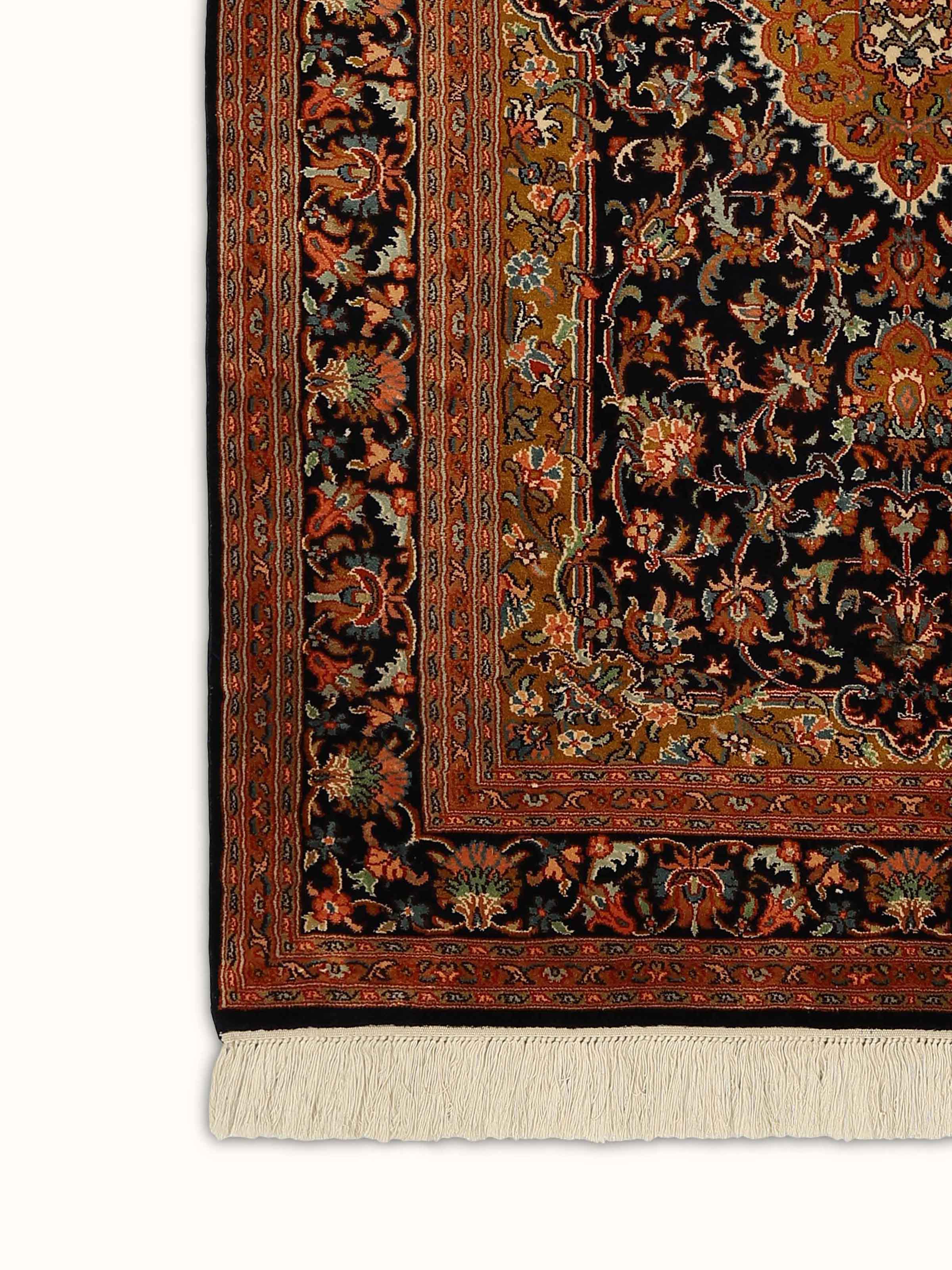 Traditional Persian Navy Blue Tabriz Kashmir Silk Hand-knotted Rug