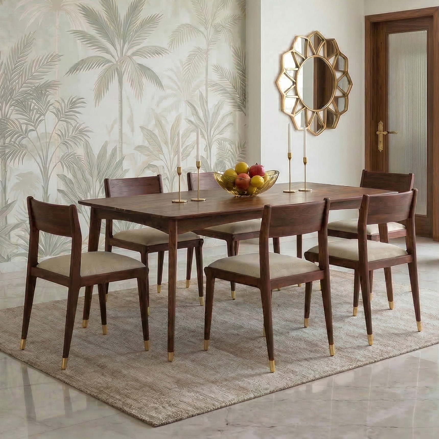 Saar Teak Wood 6 Seater Dining Table with 6 Saar Teak Wood Dining Chair (Finish: Espresso Teak, Colour: Macadamia Brown) - Urban Ladder