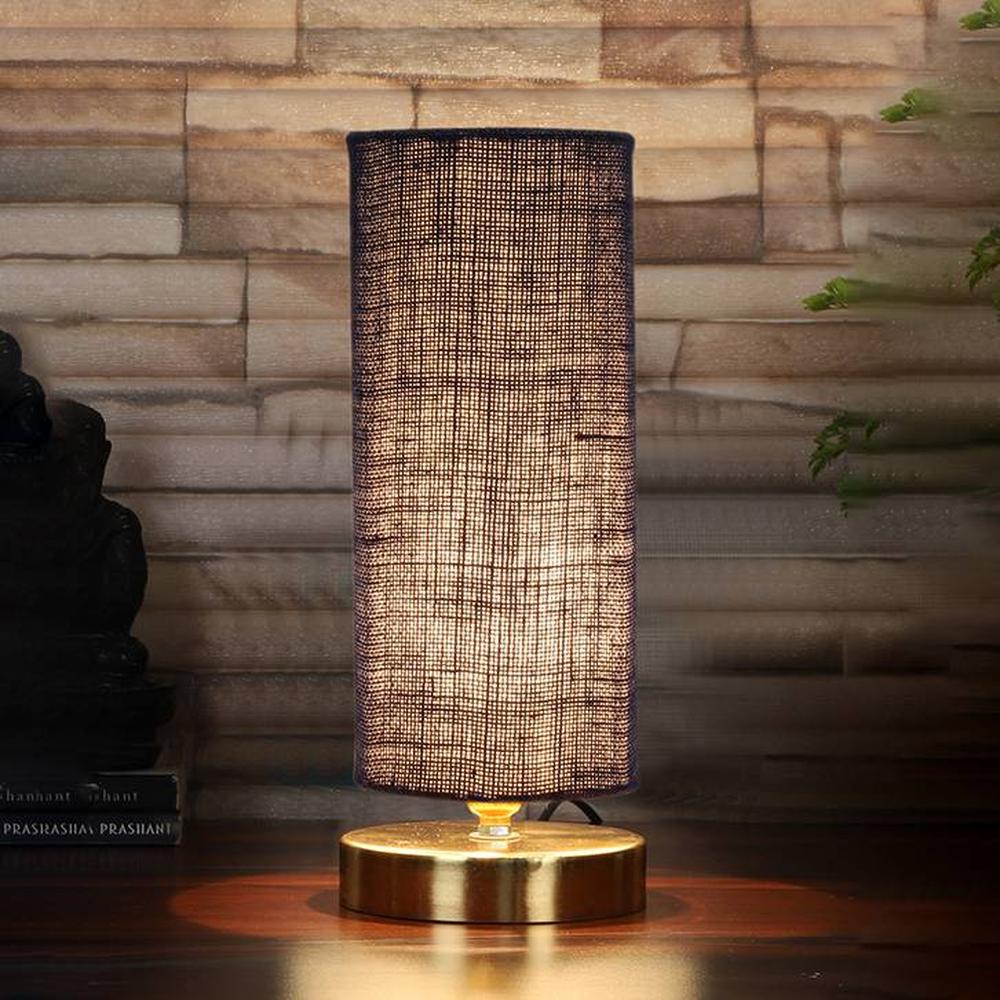 Jack Blue Jute table lamp with Gold wood base - Devansh