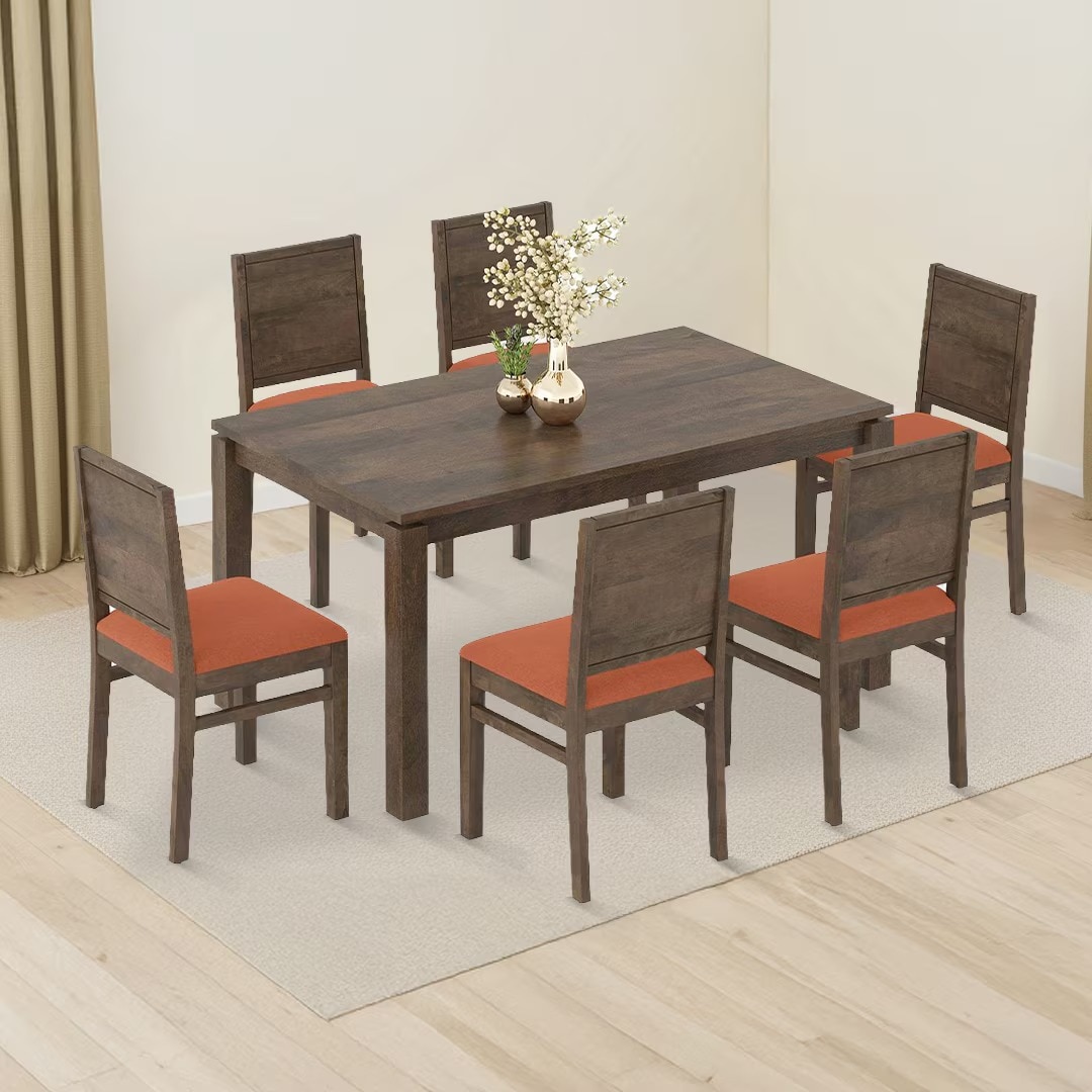 Atlas Solid Wood 6 Seater Compact Dining Table With 6 Atlas Dining Chairs (Finish : Danish Walnut, Chair Colour : Burnt Orange)