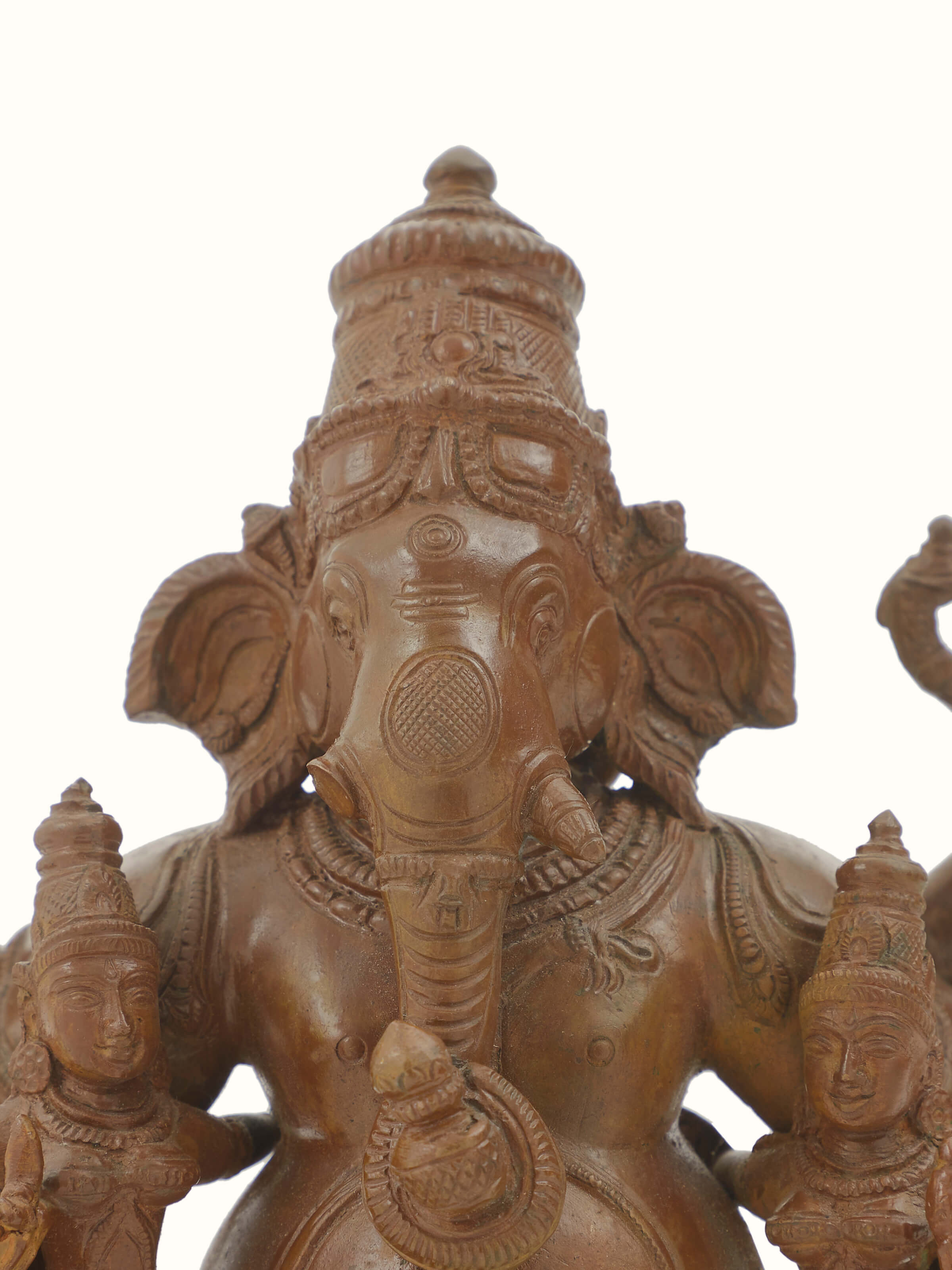 Detailed view of Spectacular Bronze Casting Ganesha with Siddhi Buddhi Idol by Swadesh showcasing its fine bronze texture and design.