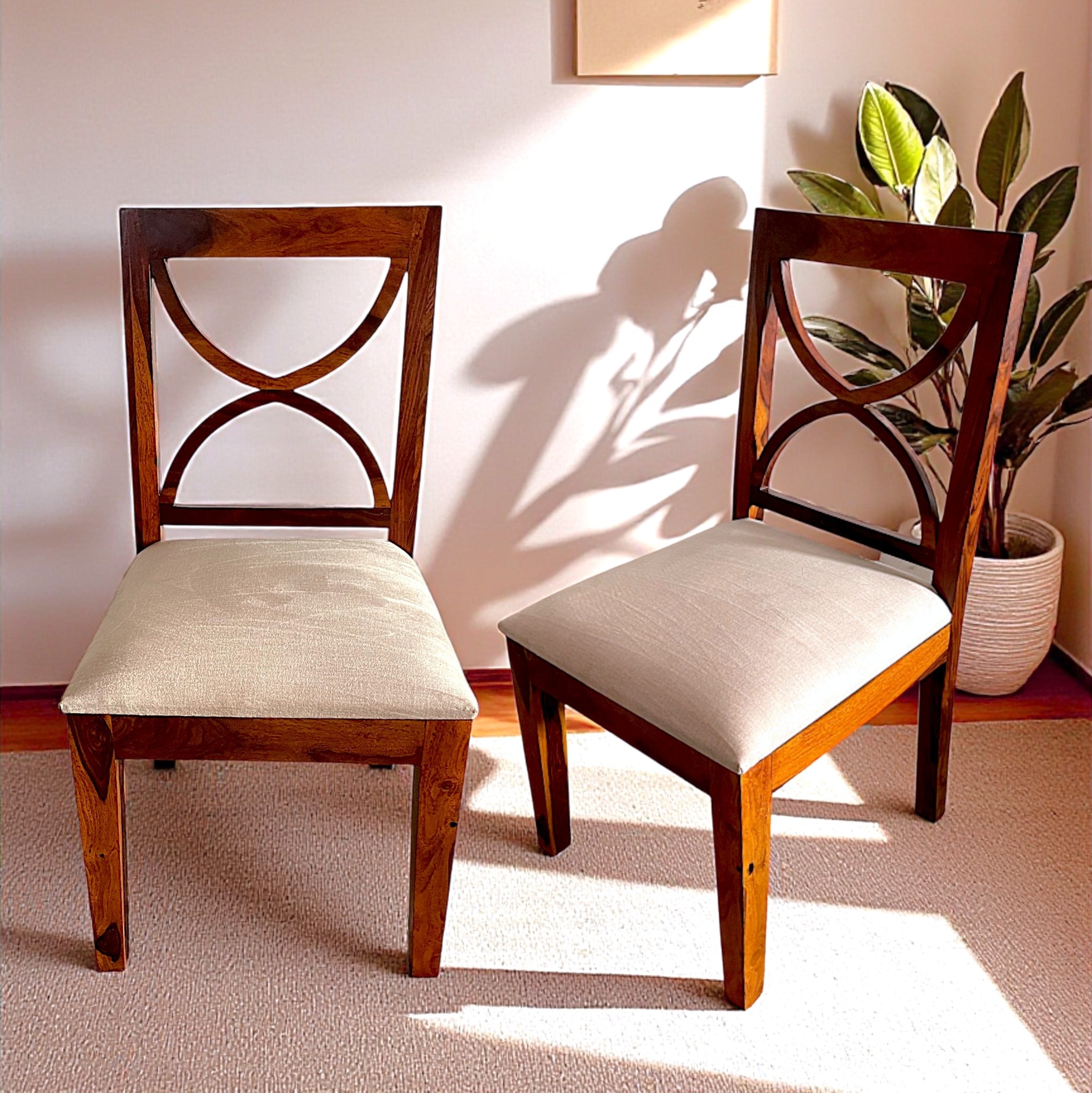 Newport Solid Wood Dining Chair in Honey Finish & Beige Colour - Set of 2 - Ikiriya