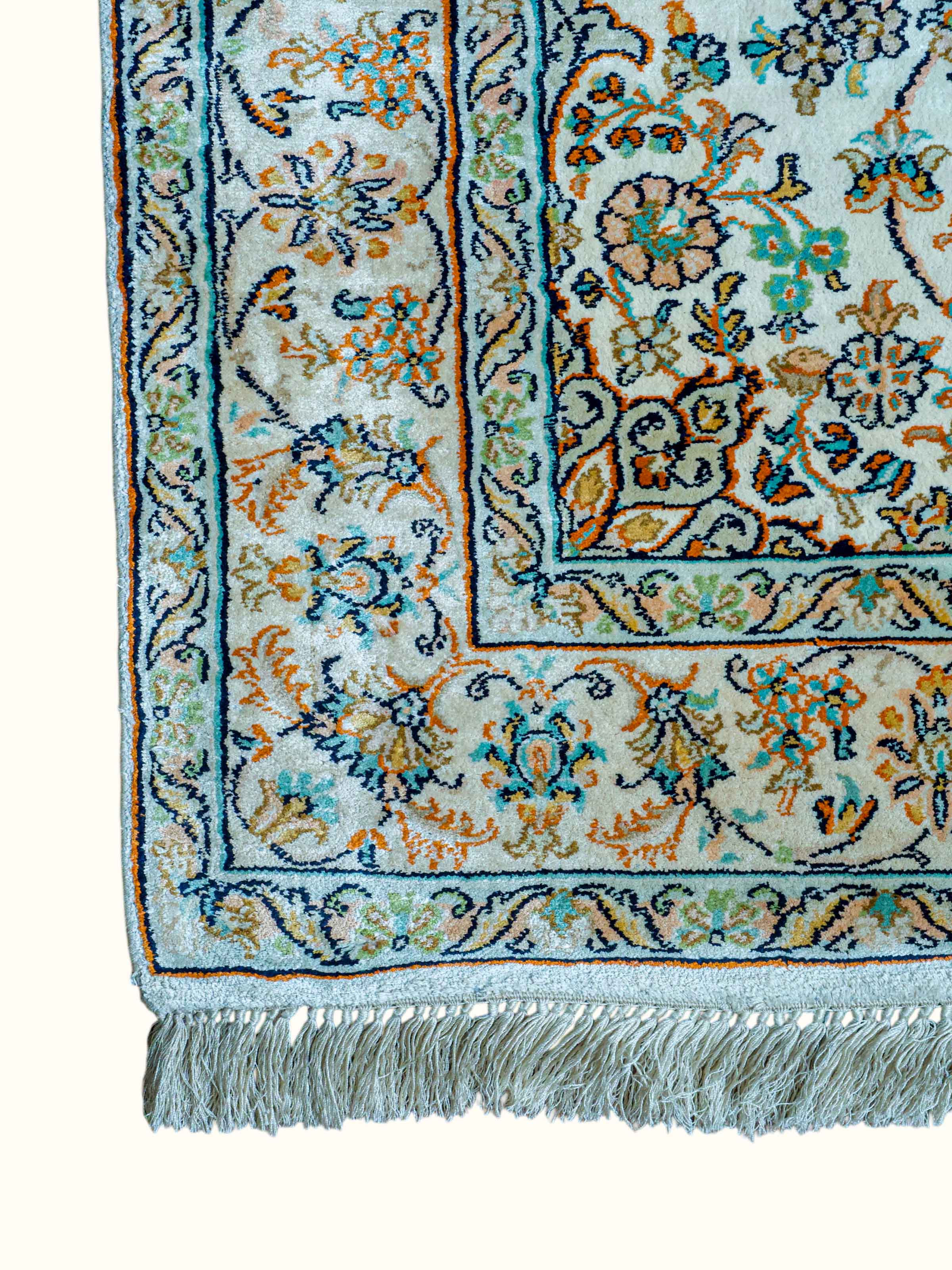 Traditional Persian Beige Kashan Kashmir Silk Hand-Knotted Carpet