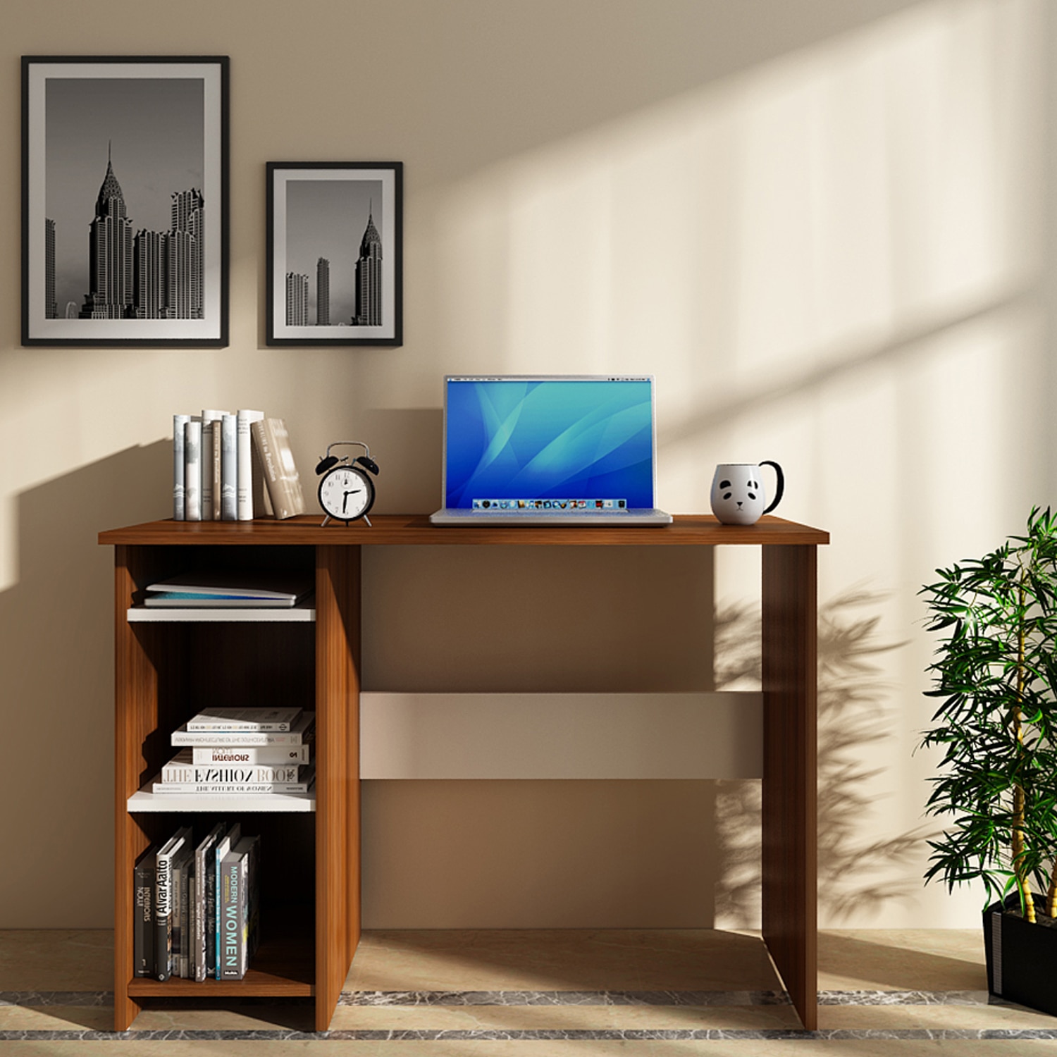 Woodbuzz Duke Engineered Wood Finish Study Table Laptop Computer Table Desk In Walnut And Frosty White - Woodbuzz
