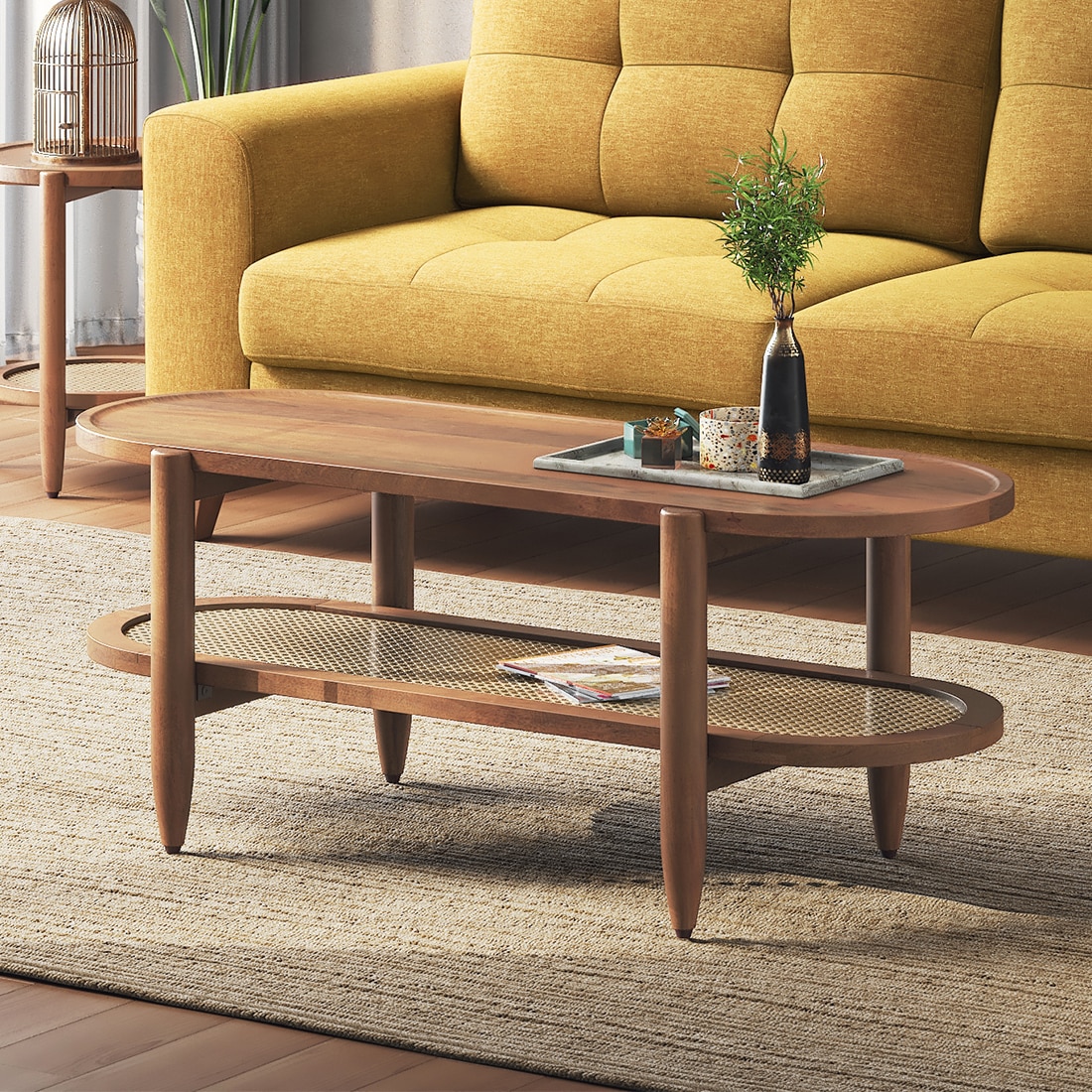Tora Solid Wood And Cane With Glass Coffee Table In Amber Walnut Finish