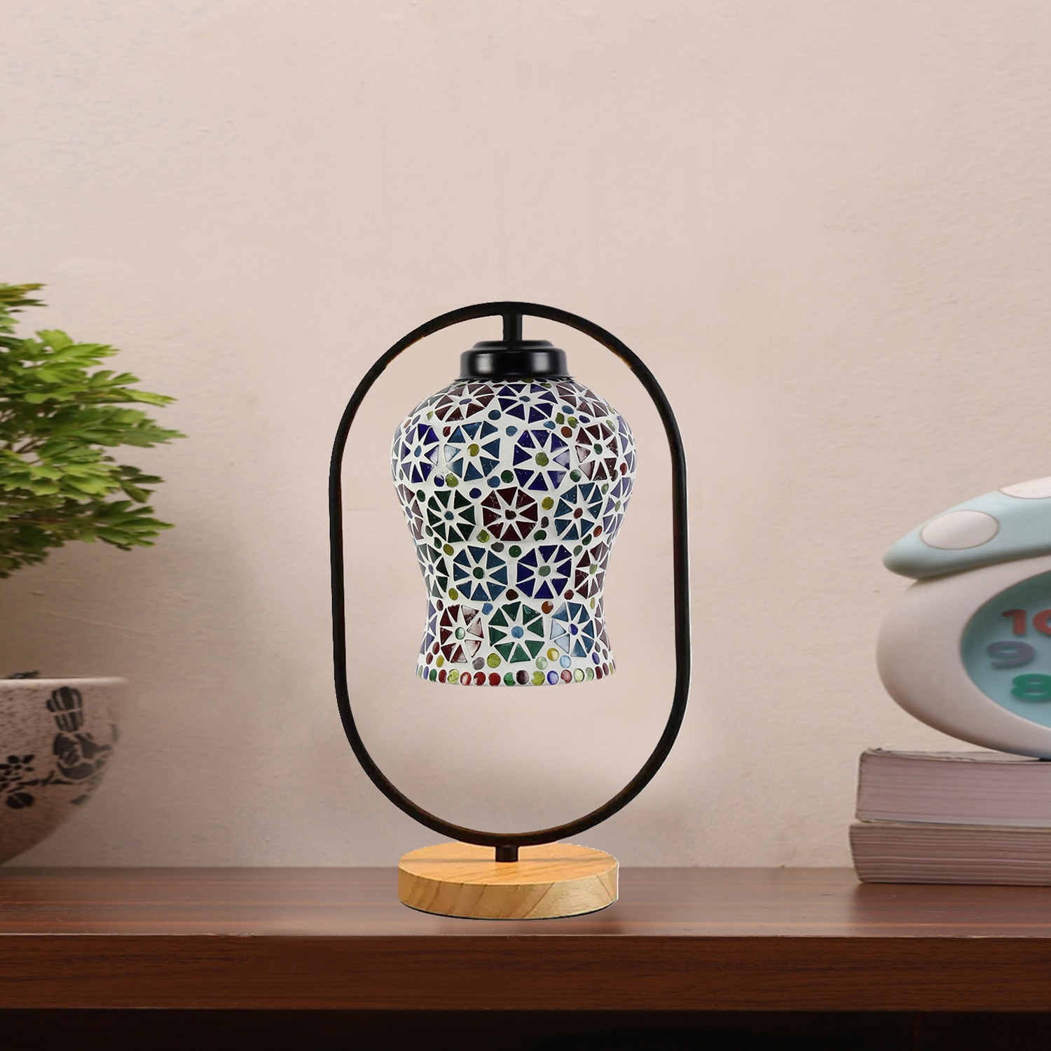 Devansh Multicolor Glass Wooden & Iron  Table Lamp -17 Inch Height  -Apj - Devansh