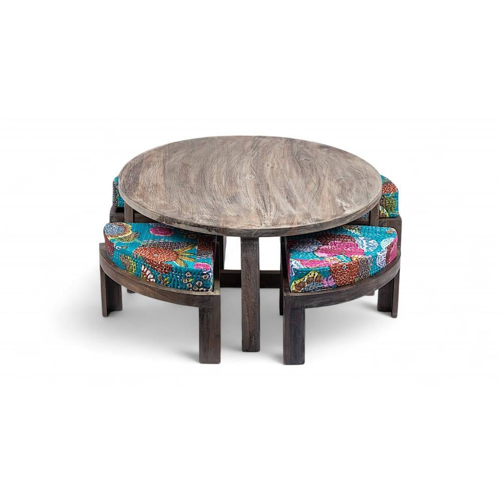 Nashville Sheesham Wood 4 Seater Coffee Table Set In Antique Grey Finish Floral Print Green Kantha Cushion