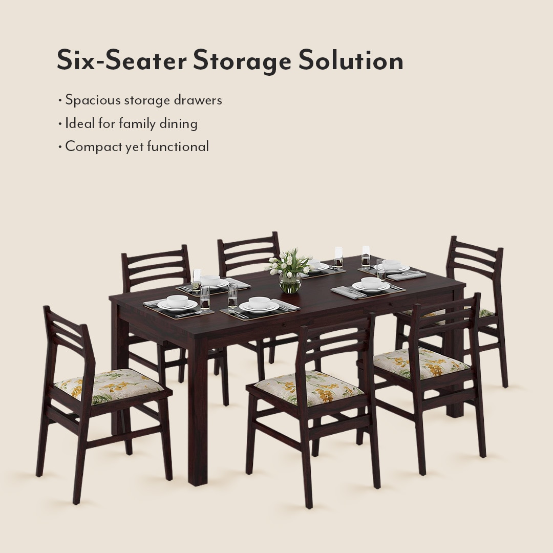Arabia Leon Solid Wood 6 Seater Dining Table With Set Of 6 Chairs (Colour- Mustard Florals, Finish- Mahogany)