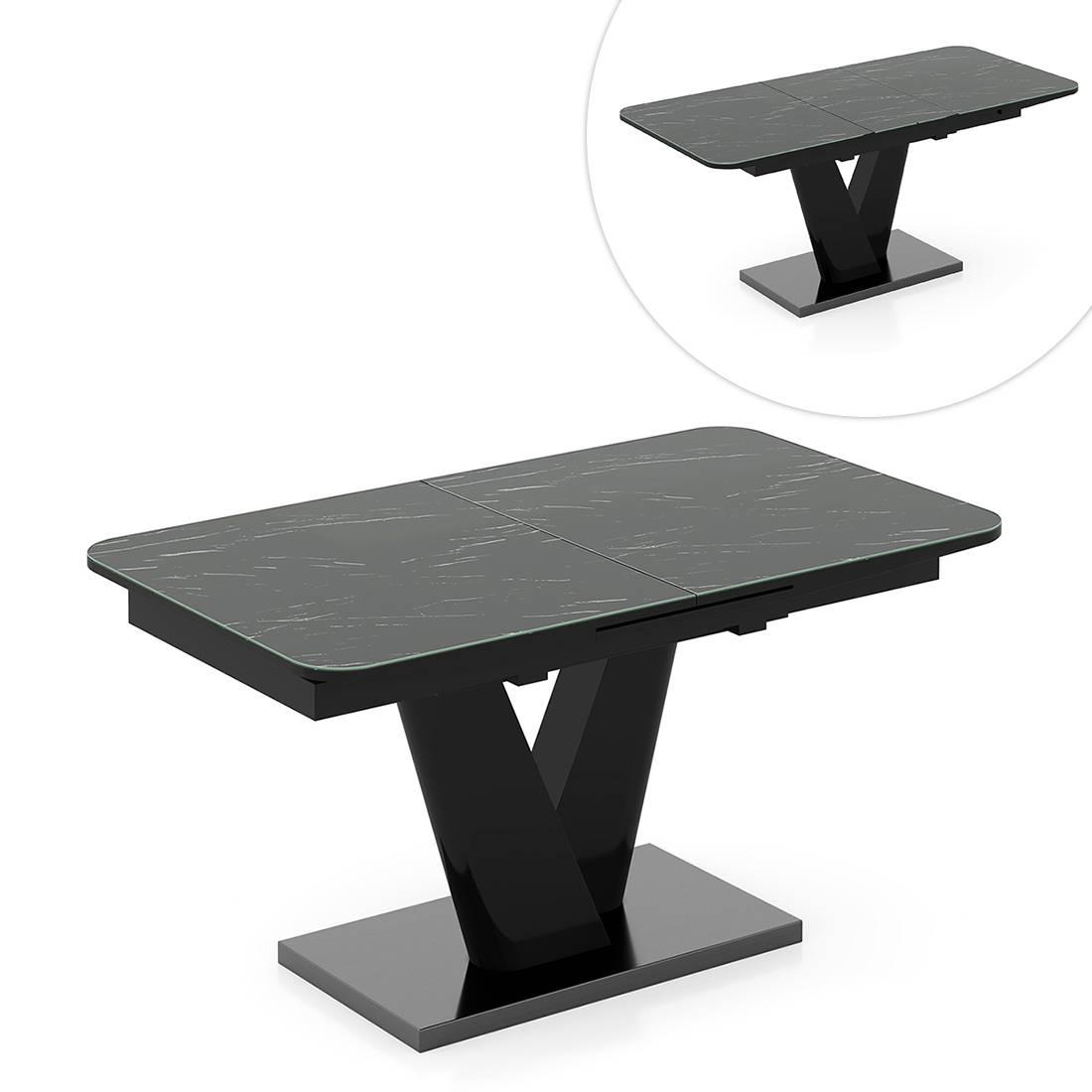 Caribu 4 To 6 Extendable Dining Table With Set Of 4 Doris Swivel Accent Chairs (Finish- Black Marble High Gloss, Colour- Dark Grey)