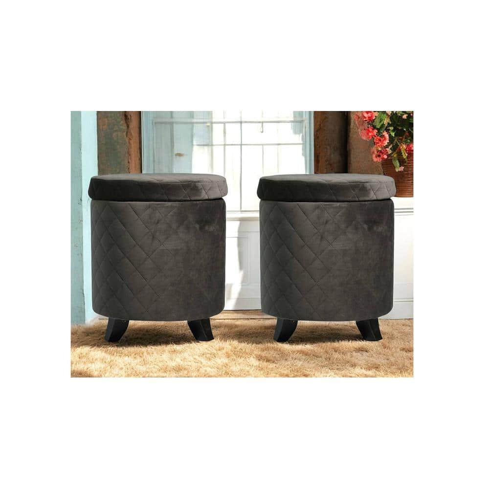 Orl o Solid Wood Accent Round Set of 2 Ottomans in Iron Grey Velvet Upholstery   Storage