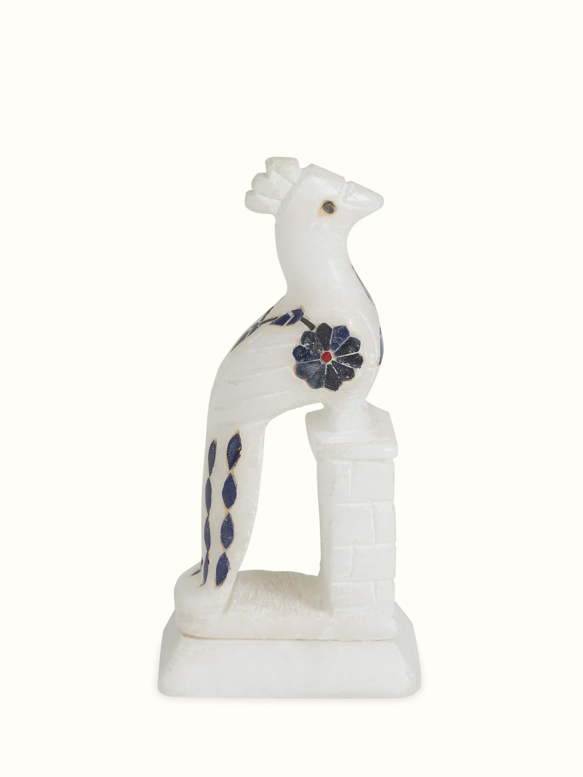 Pacchikari marble peacock figurine with hand-inlaid colorful stone work – front view