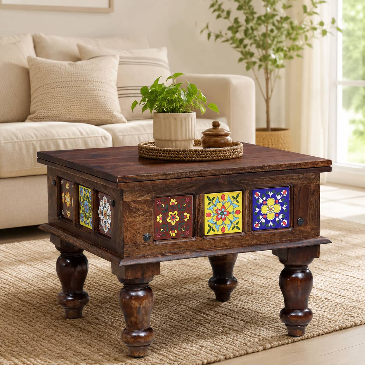 Rangrez Sheesham Wood Coffee Table in Provincial Teak Finish - Woodenmood