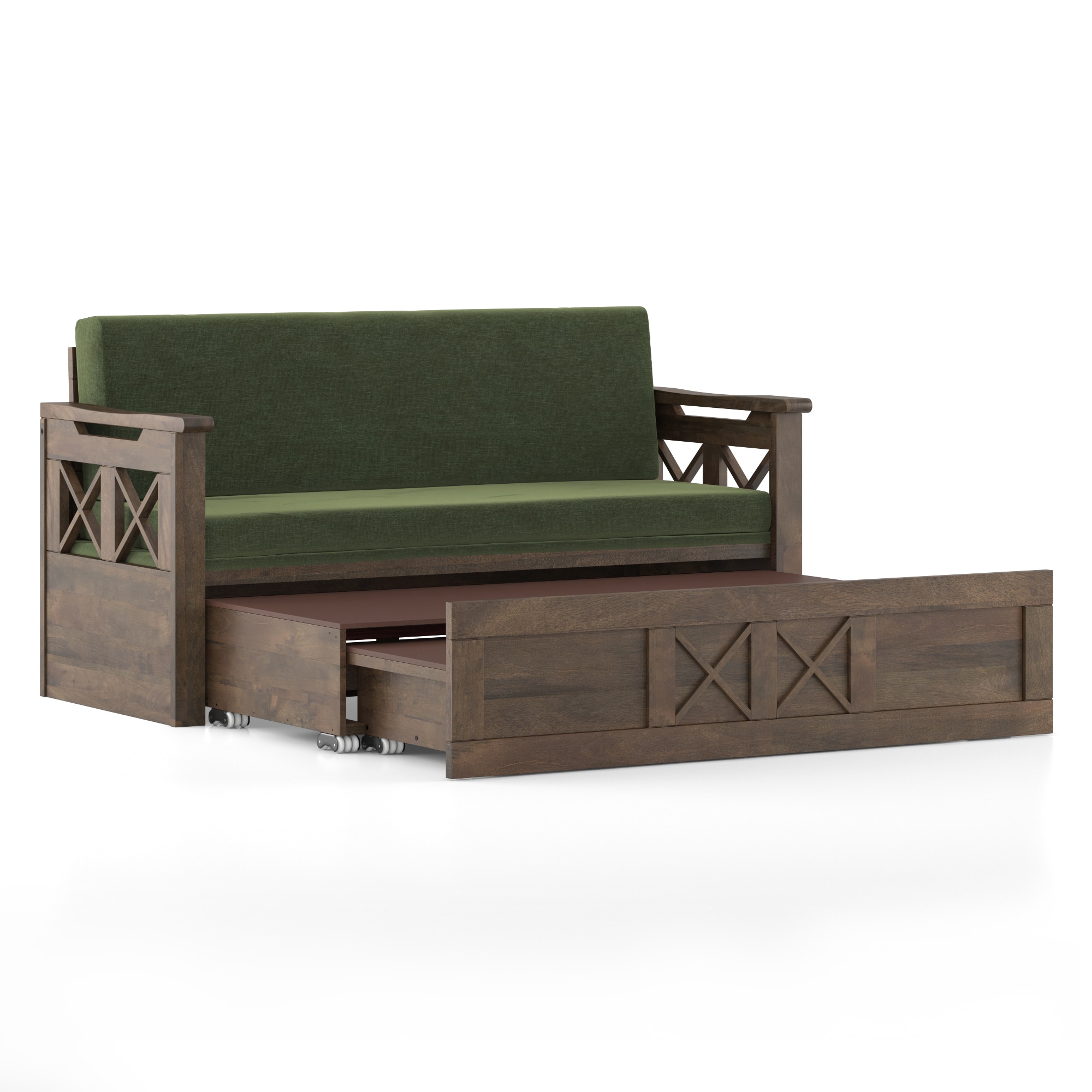 Bram 3 Seater Sofa Cum Bed in Danish Walnut Finish with Moss Green Colour