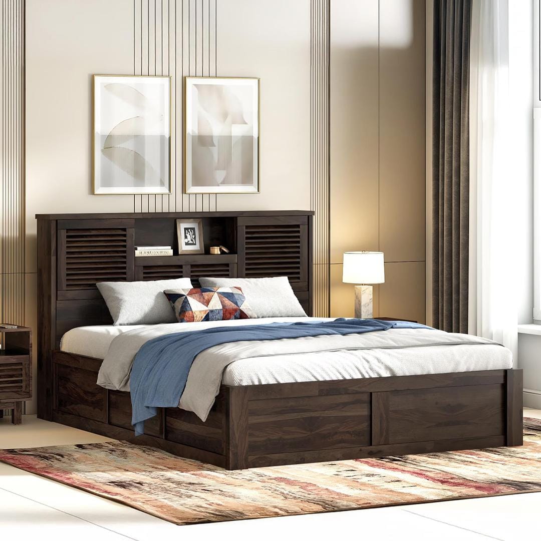 Cambry King Size Hydraulic Storage Bed With Headboard Storage In American Walnut Finish
