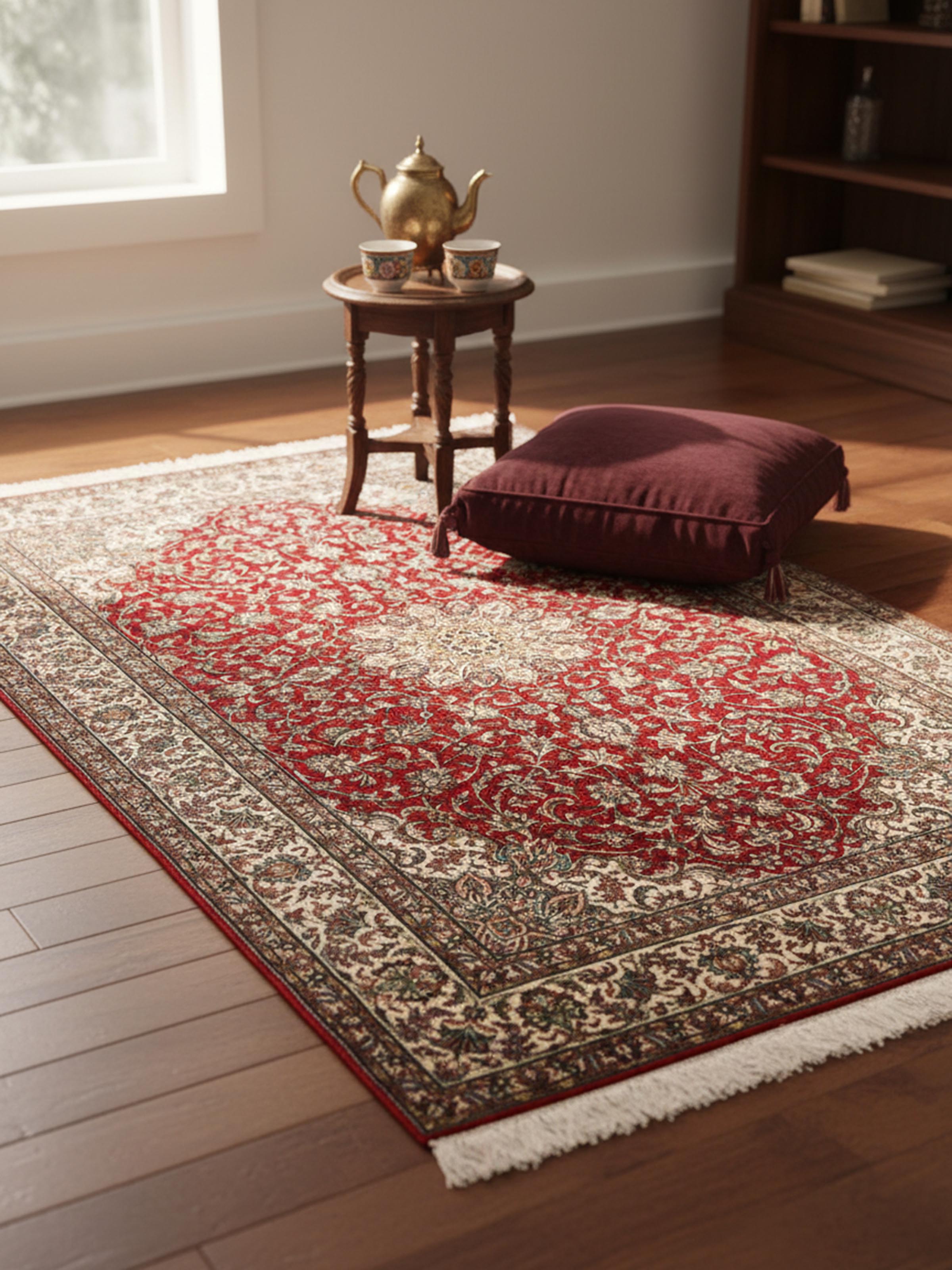 Traditional Persian red Kashan Kashmir silk hand-knotted carpet with intricate medallion design – Swadesh