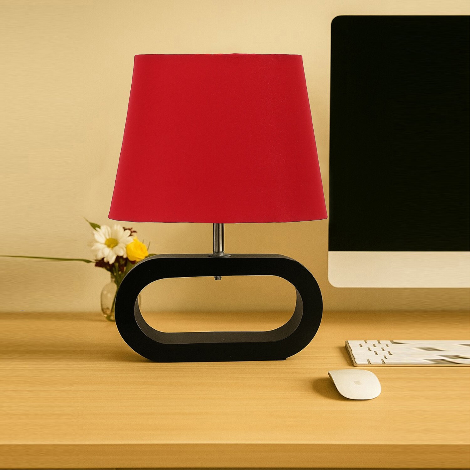 Devansh Red Cotton Table Lamp With  Wood Black Base -4 - Devansh