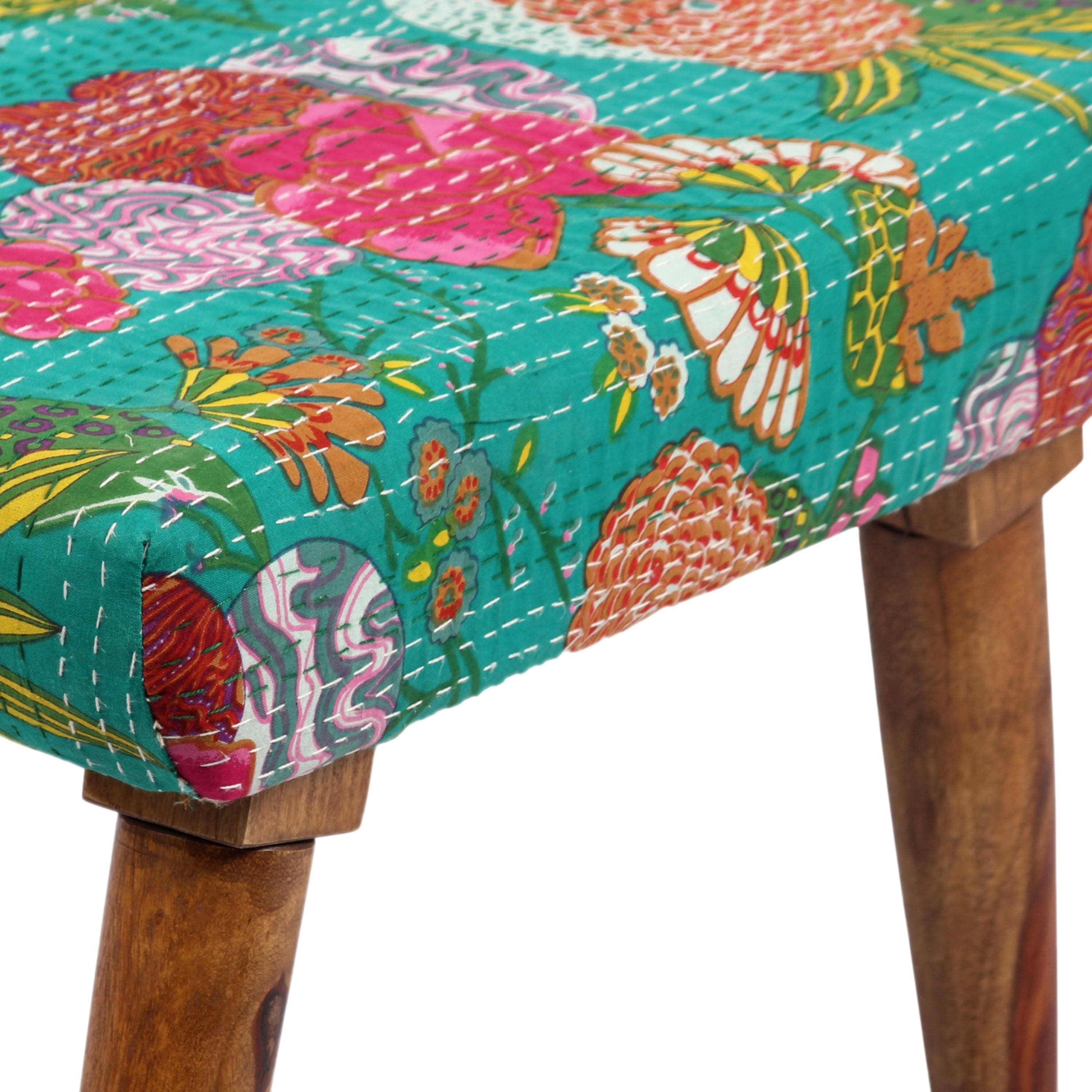 Queens Solid Wood Pouf Stool in Sea Green Fruit Print fabric