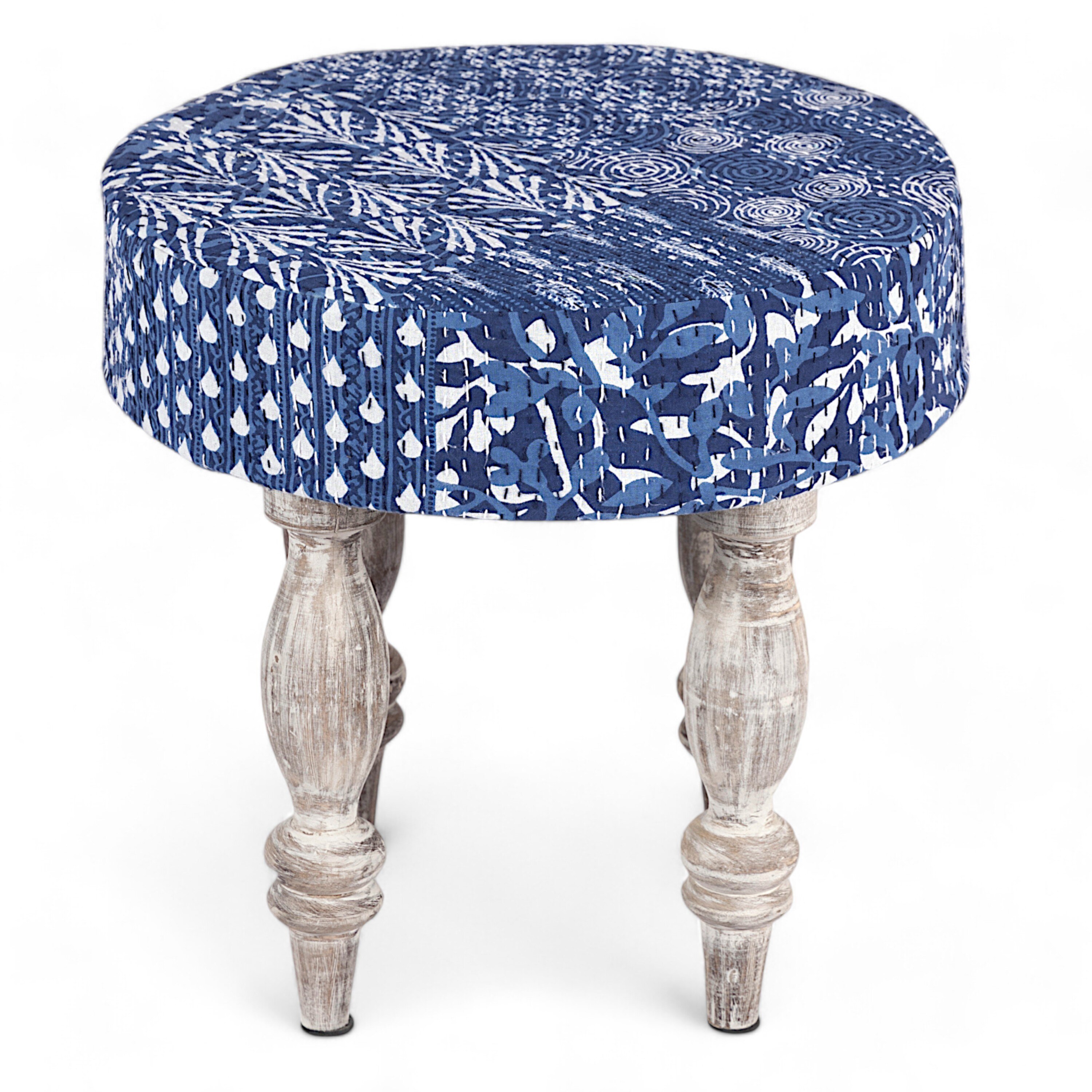 Roswell Sheesham Wood Mid Century Round Set of 2 Stools in Indigo Patchwork Kantha Upholstery