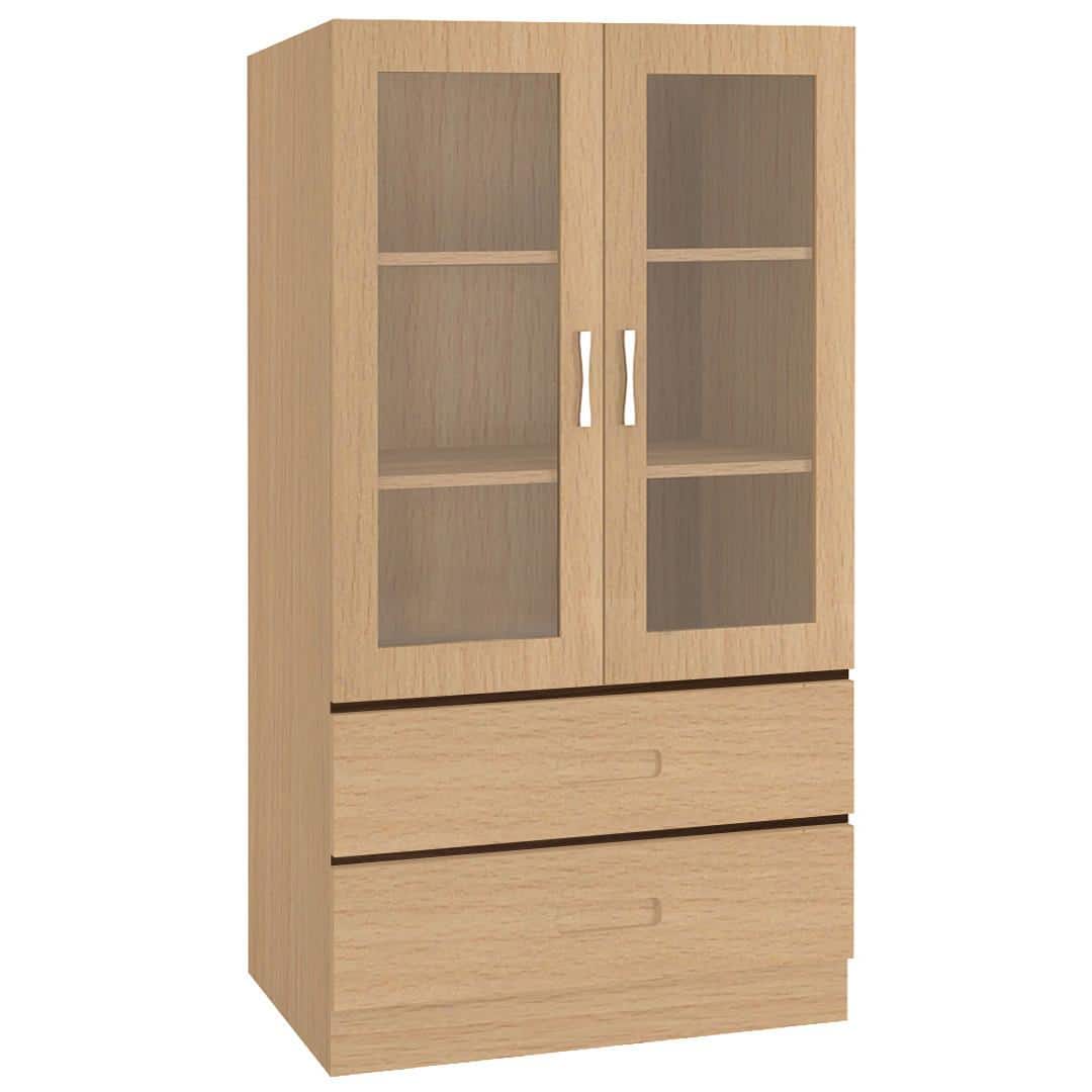 Paloma Large Crockery cum Bookshelf Cabinet with Toughened Glass Shutters and Drawers in Canadian Maple Coffee Walnut Colour