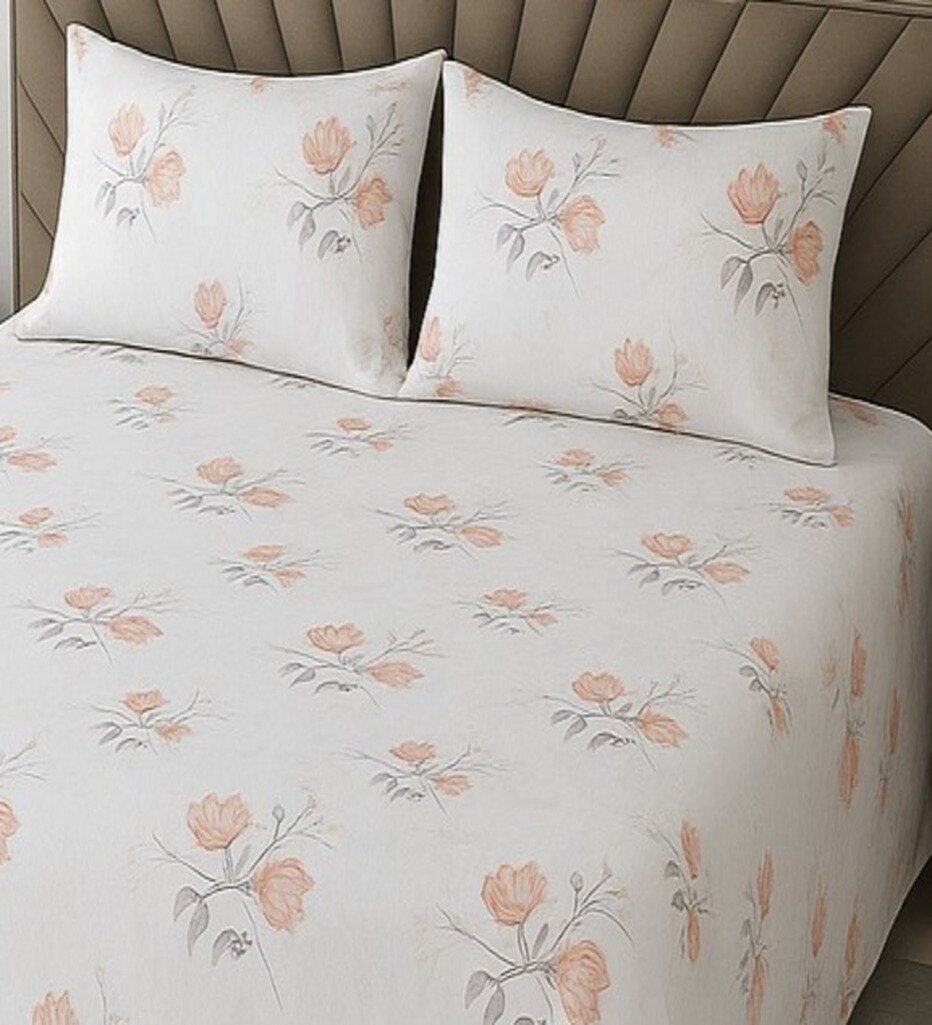 White Floral 400 TC Cotton Flat Super King Size Bedsheet With 2 Pilllow Covers From Threads