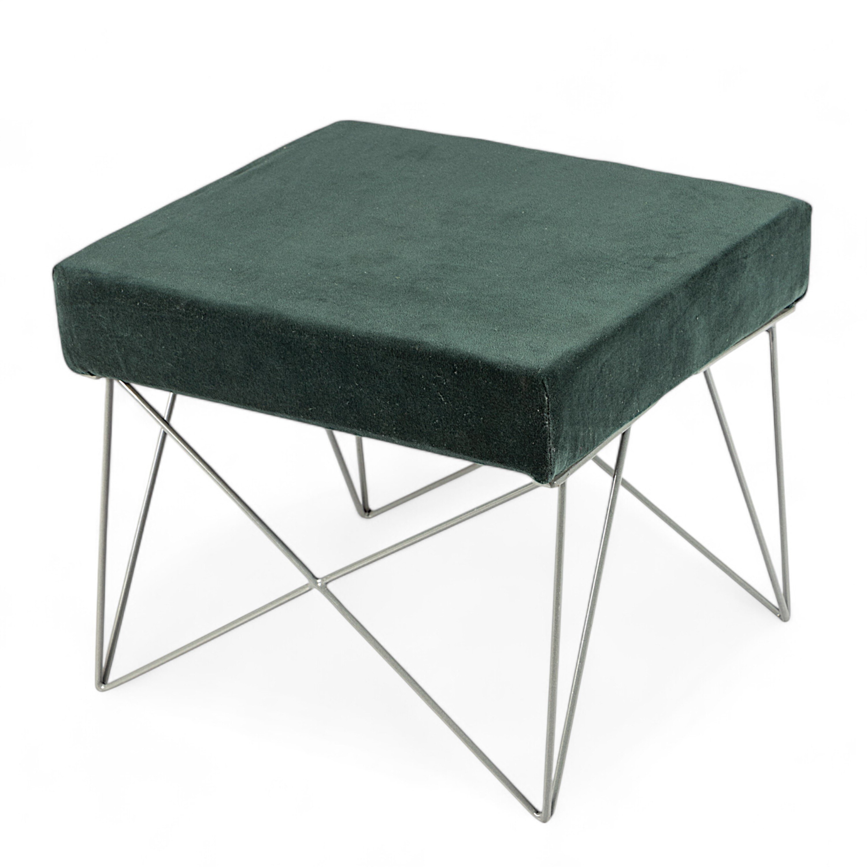 Asansol Sheesham Wood Accent Square Set of 2 Stools     in Green Cotton Velvet Upholstery