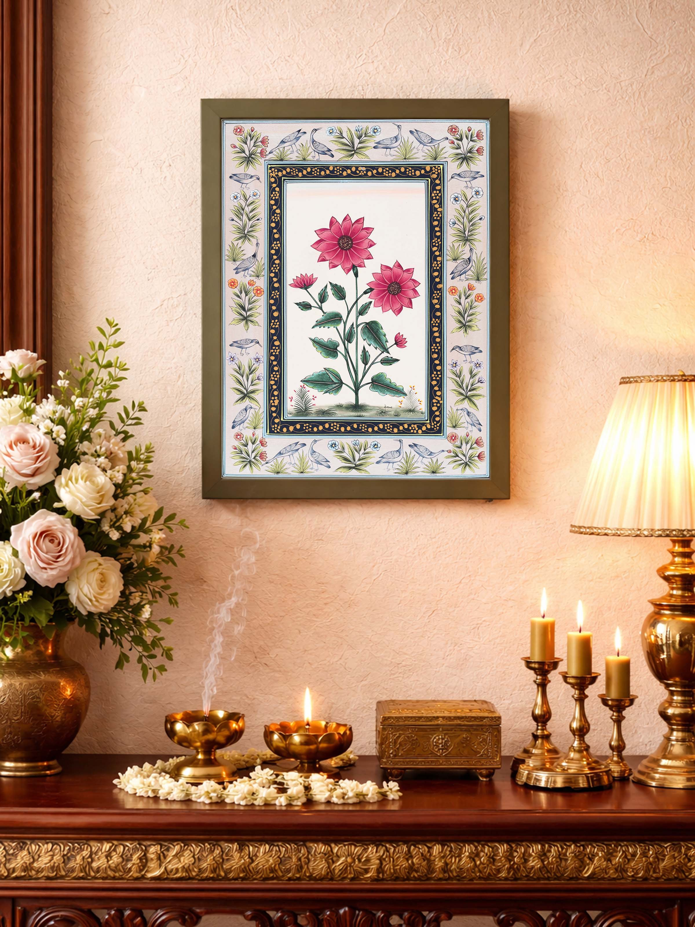 Flower Bird Miniature Silver Painting