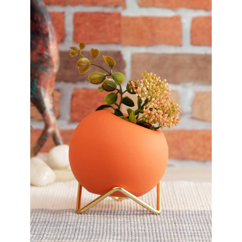 Orange Coloured Ceramic Vase with Golden Stand