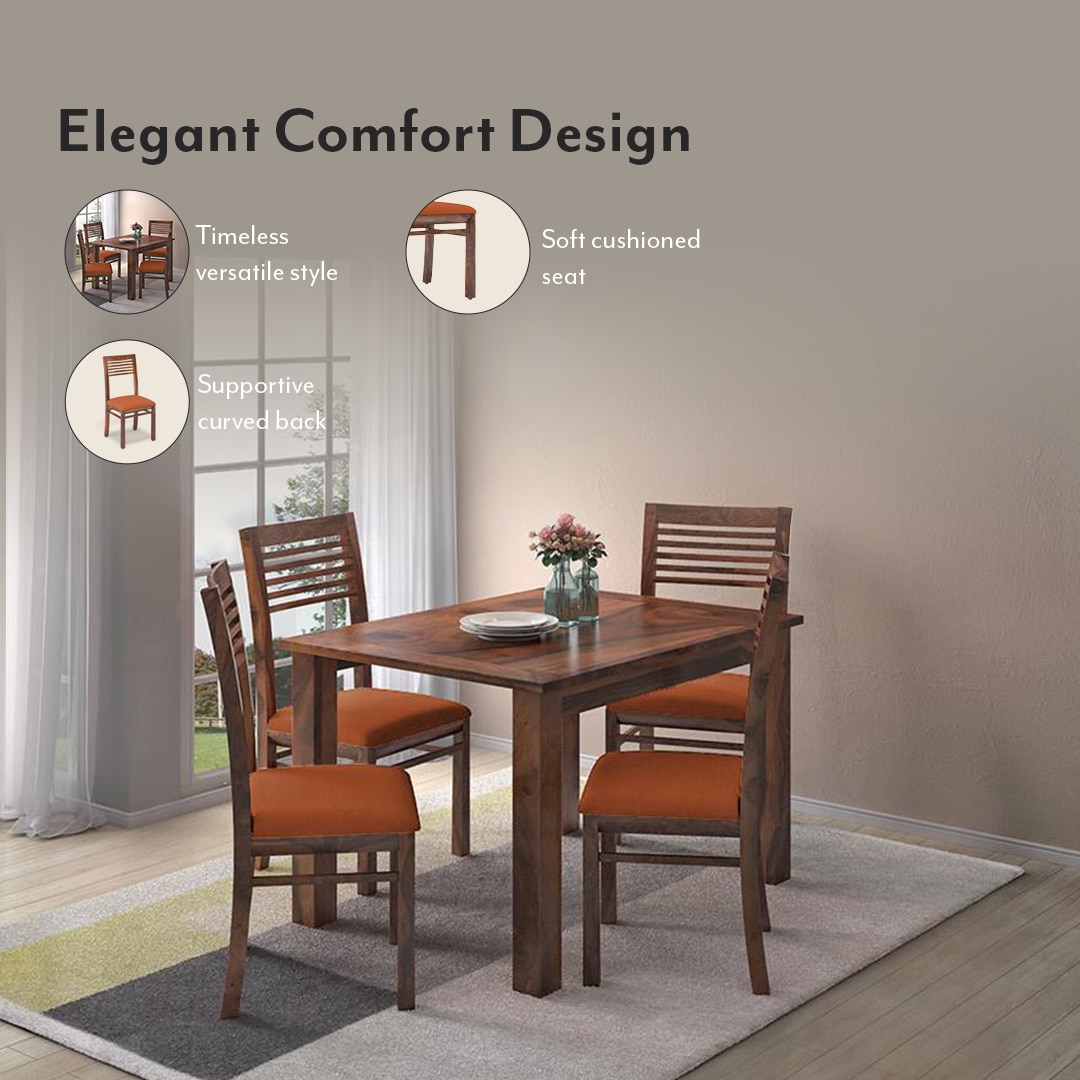 Zella Solid Wood Dining Chair Set Of 2 In Teak Finish With Burnt Orange Colour Fabric