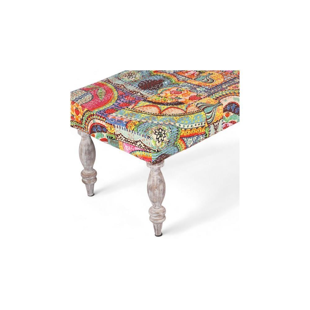 Bestone Solid Wood Bench In Multicolour Patch Kantha Fabric