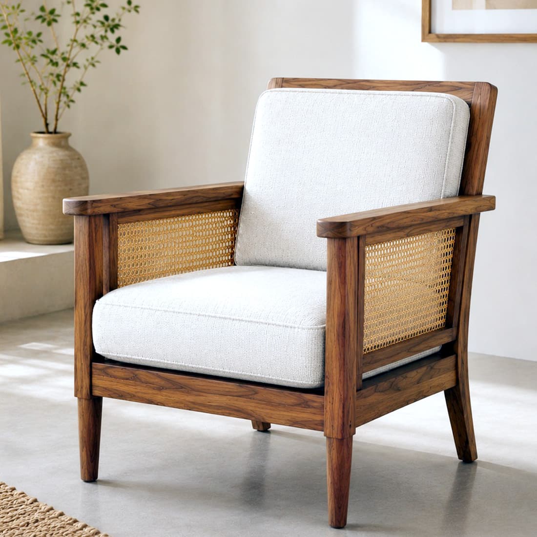Pisces Solid Wood Cane Accent Sofa Chair in Teak Finish - HomeDfy