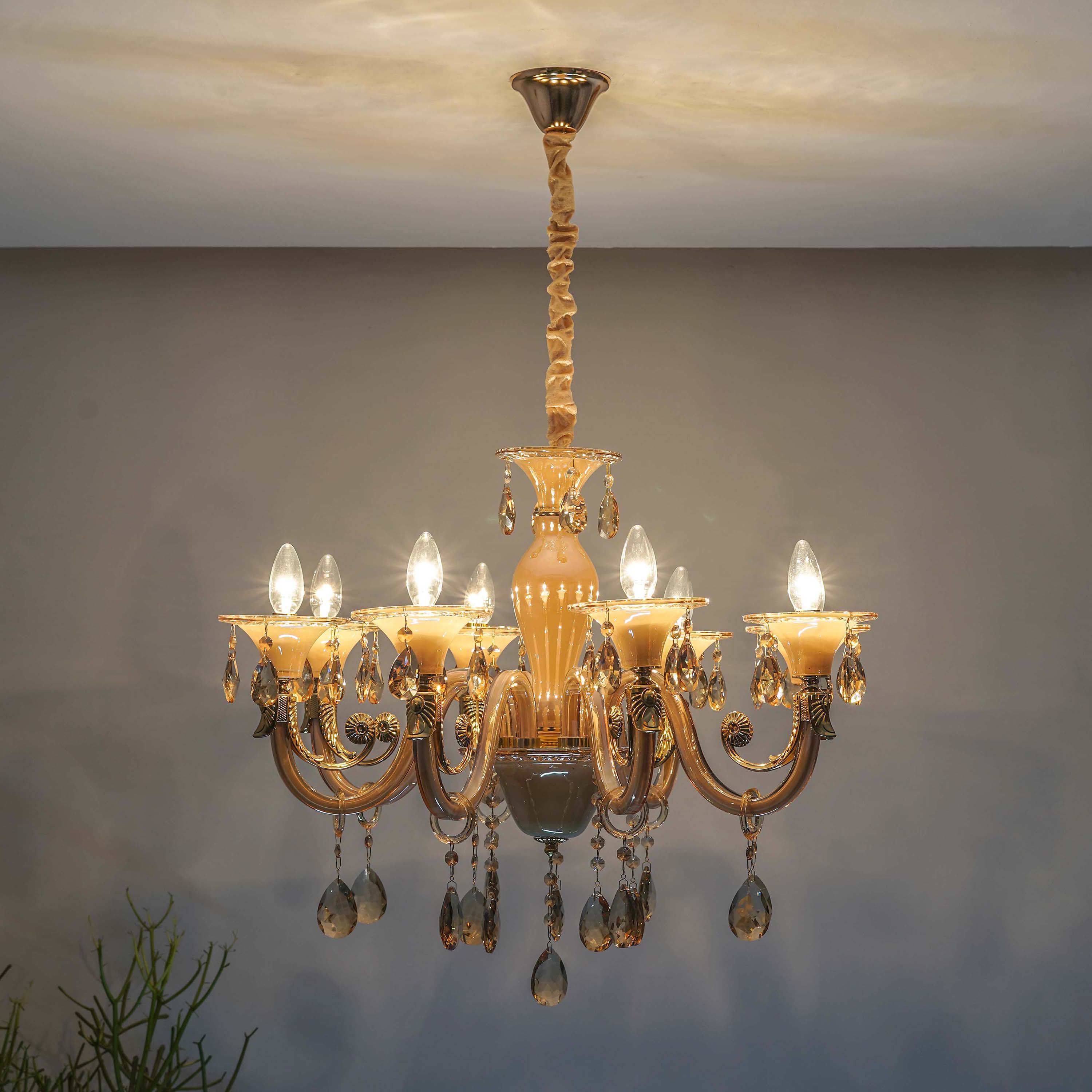 Raphael 8 Arm Ceiling Chandelier In Amber & Clear Finish With Clear Glass Crystal Drops & Trim