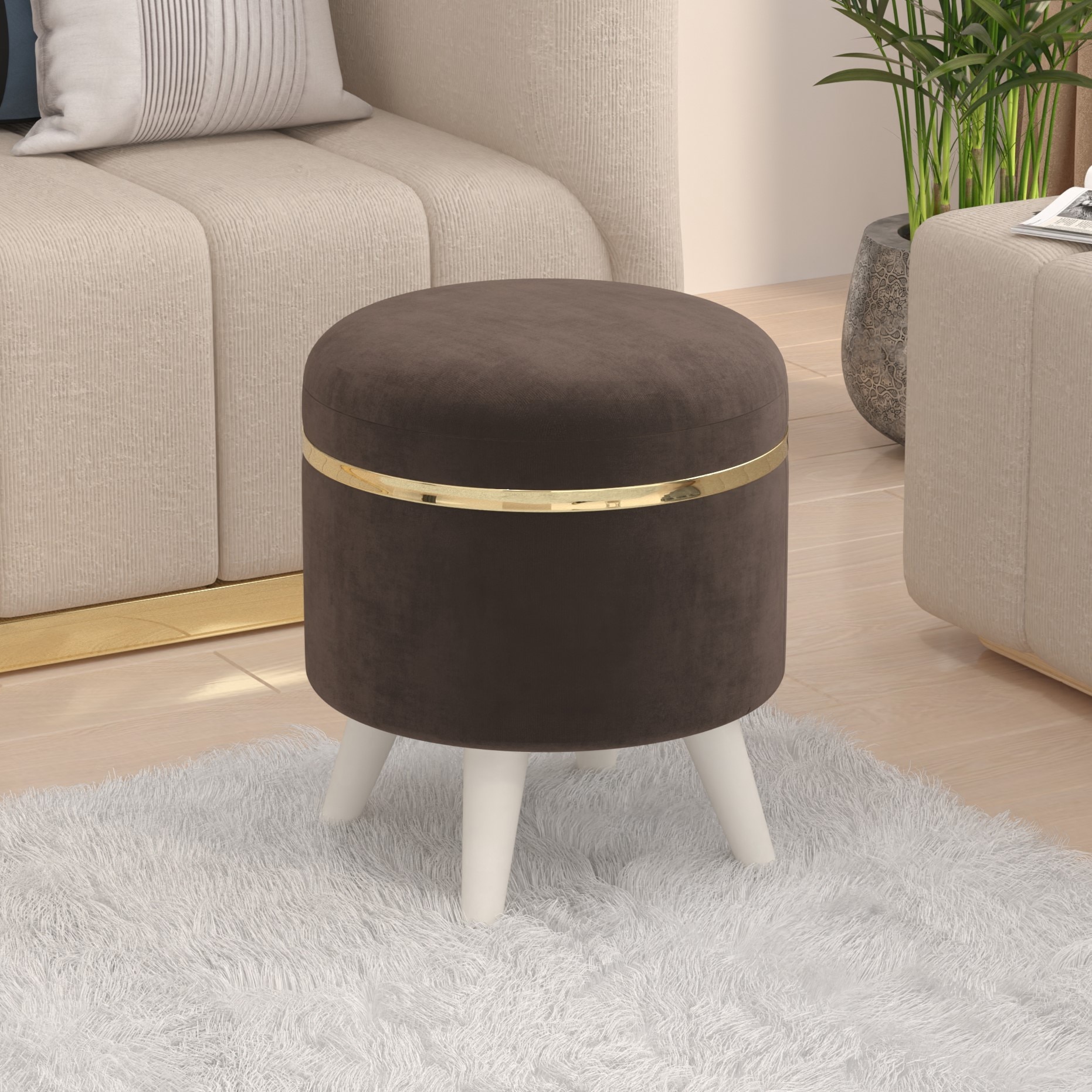BLUEWUD Noah Round Engineered Wood Multipurpose Ottoman Pouffes Stool/Sitting Furniture Footrest Seat Pouf Puffy Foam Foot Stool with 4 Legs for Living Room Decor Home Furniture (Brown)