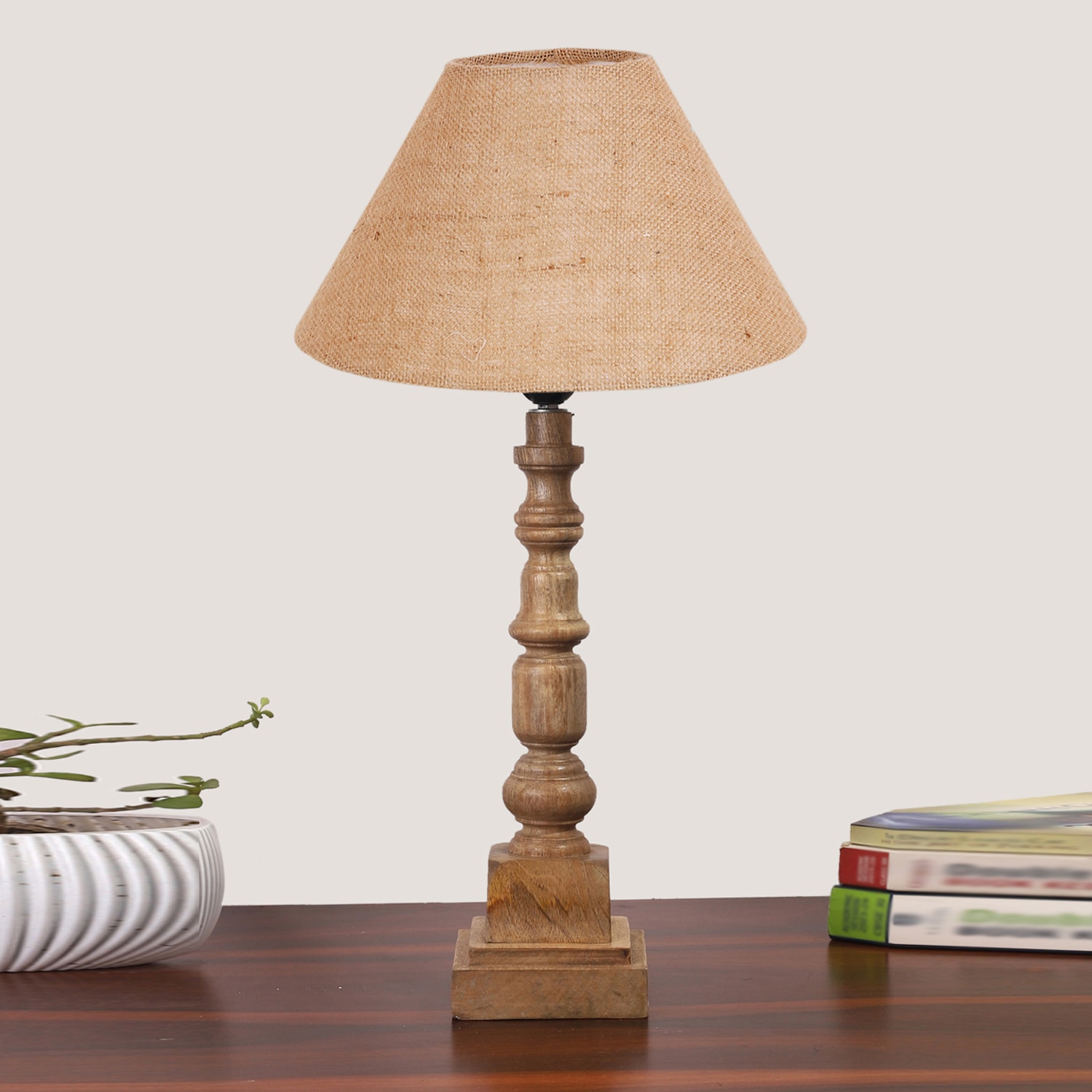 Devansh Beige Jute Table Lamp With Wood Natural Base(10X10X21 Inches)-34