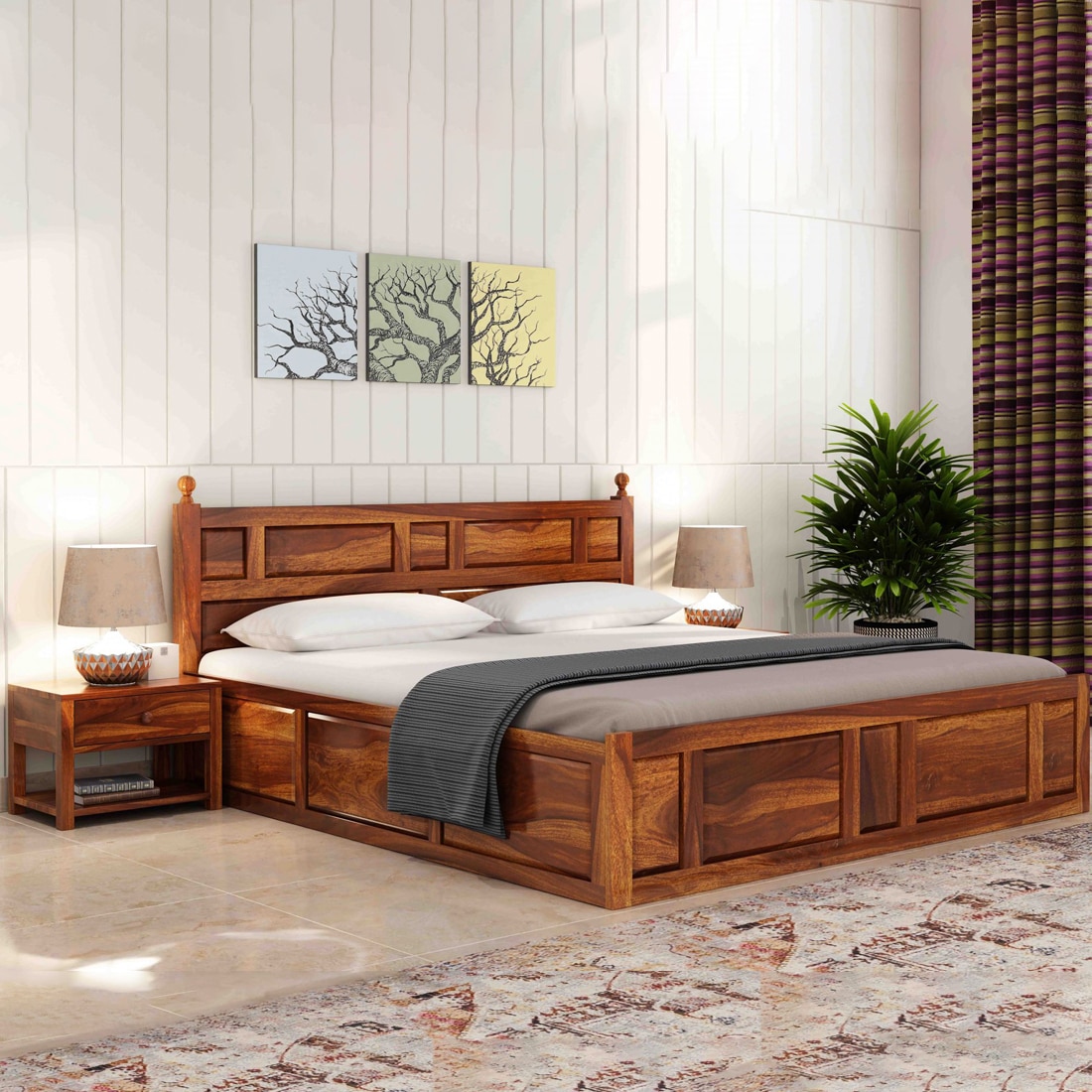 Krispy Solid Wood Queen  Size Bed Without Storage (Teak Finish)