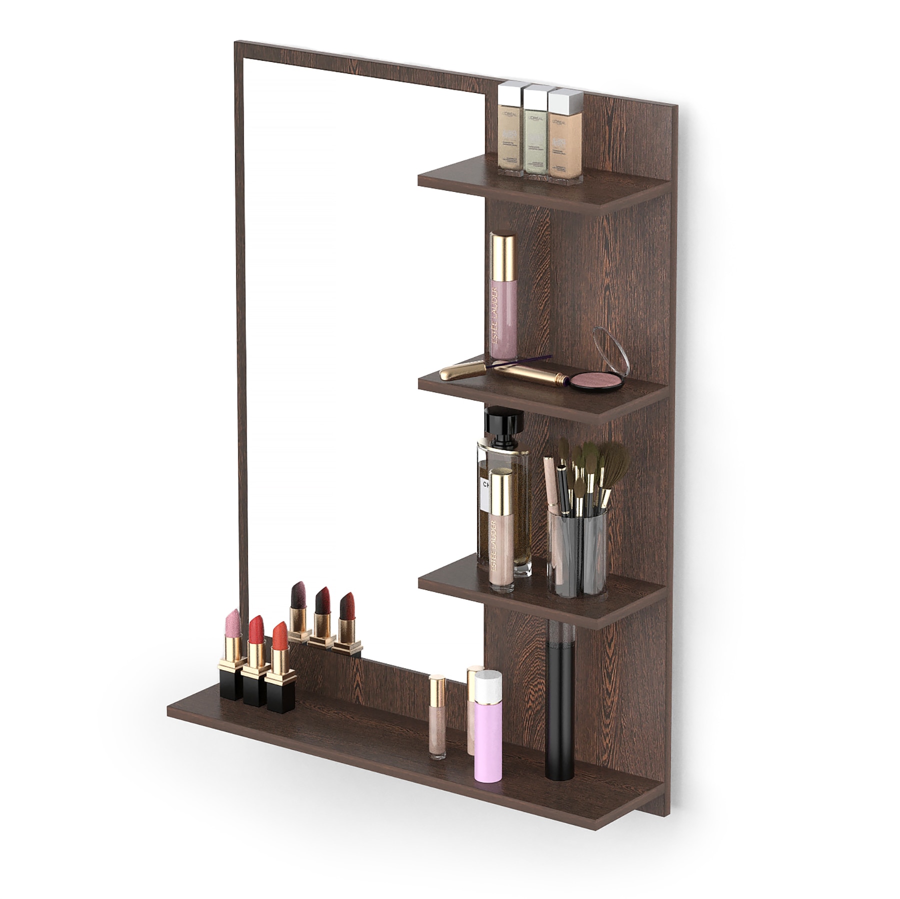 BLUEWUD Rico Mini Engineered Wood Wall Mount Dressing Table Organizer Makeup Vanity with Mirror Storage Shelves for Bedroom Home Furniture (Wenge)