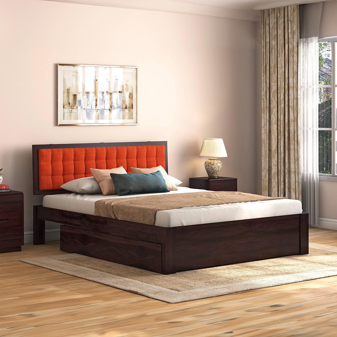 Florence Queen Size Solid Wood Drawer Storage Bed In Mahogany Finish & Lava Colour