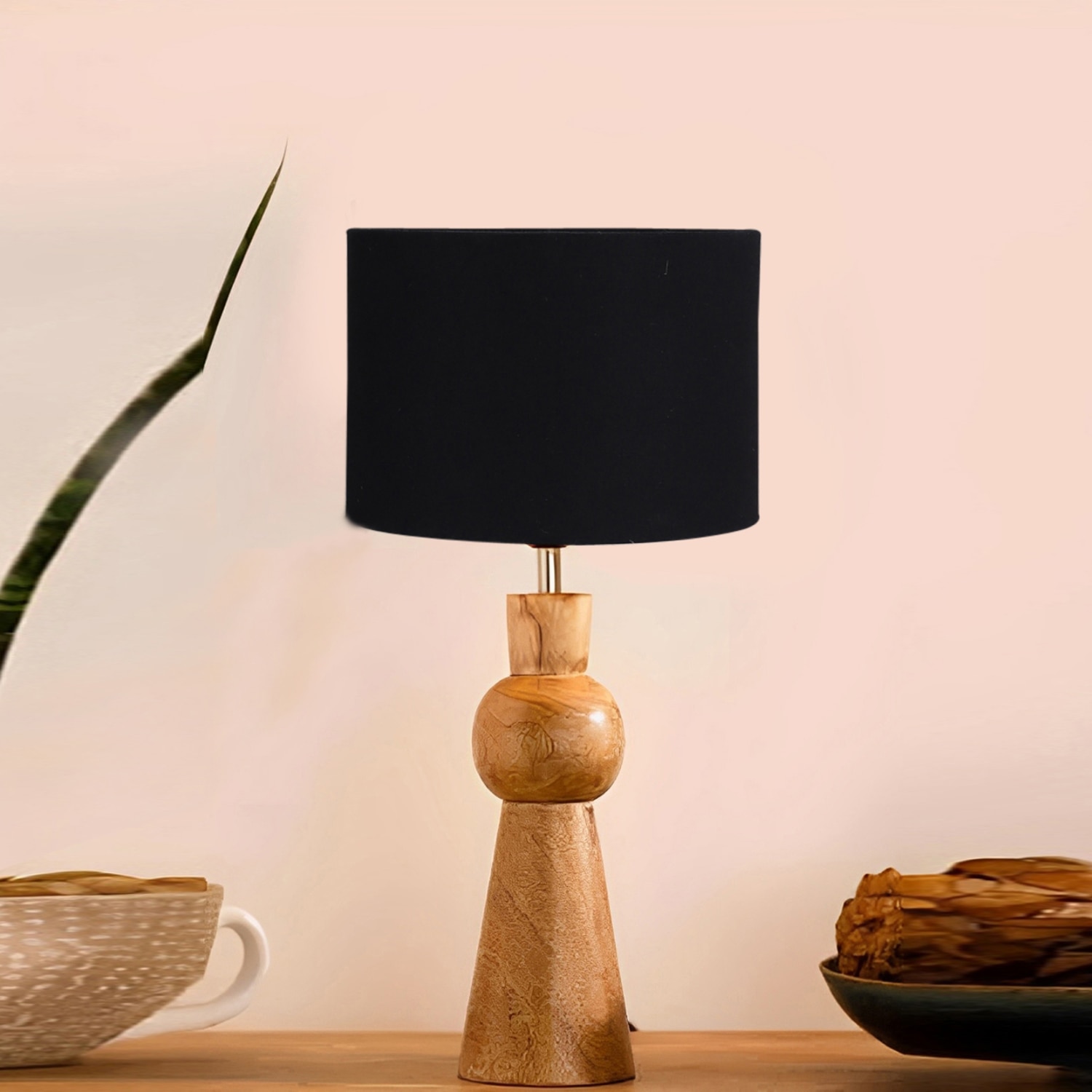 Devansh Black Cotton Table Lamp With  Wood Natural Base (7X18.25 Inches)-3 - Devansh