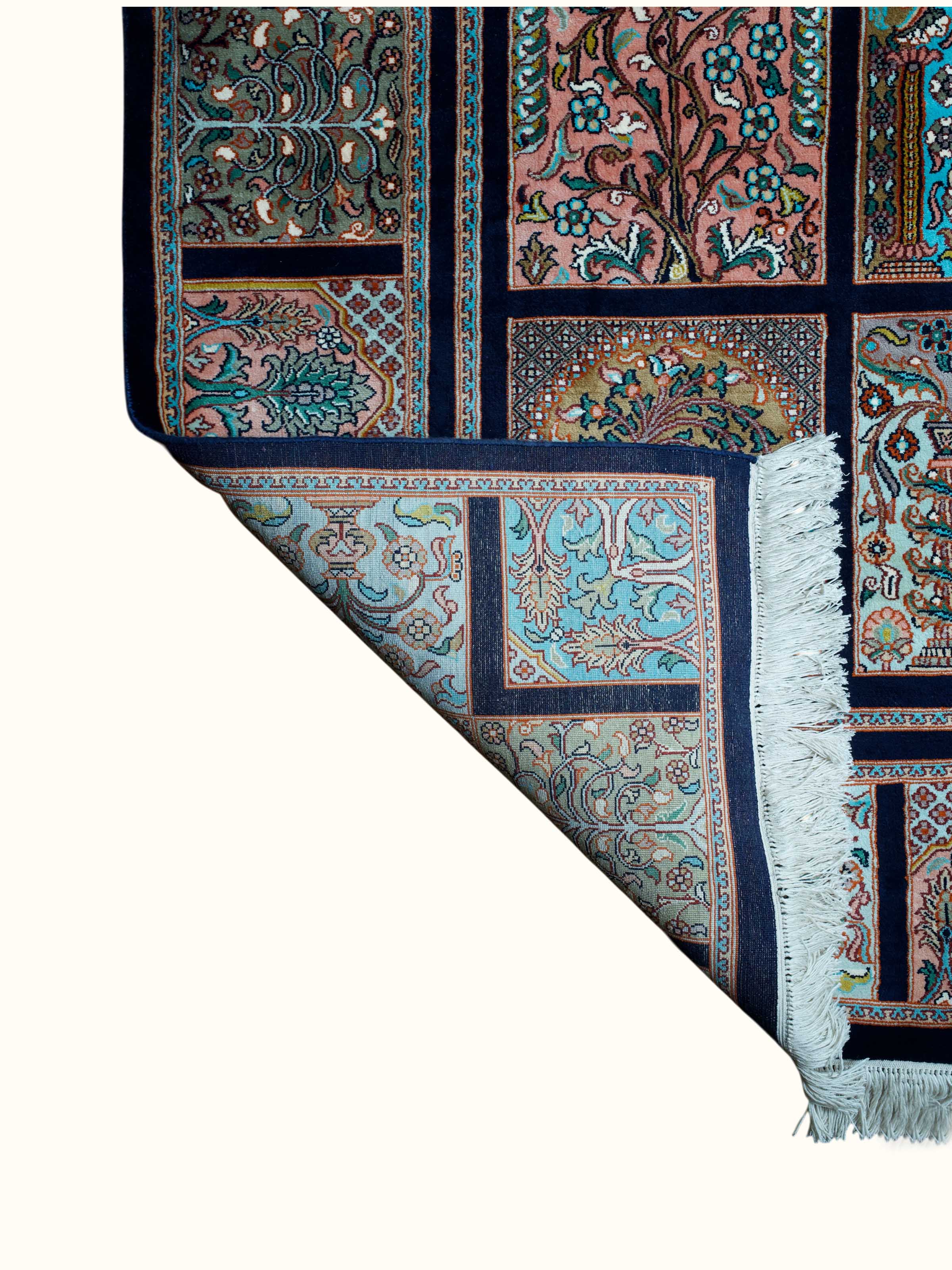 Traditional Persian Navy Pink Hamadan Kashmir Silk Hand-Knotted Carpet