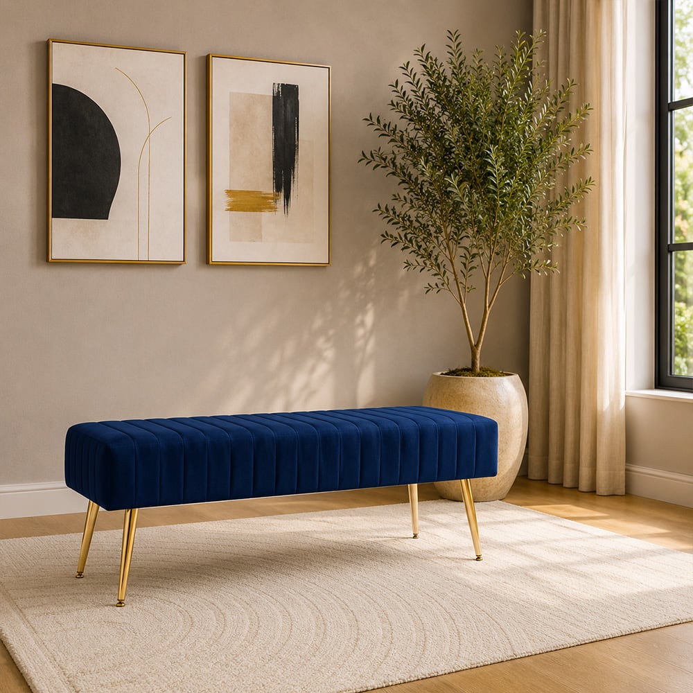 Doe Buck Upholstered Bench in Blue Colour with Channel Stitching and Gold Legs - Doe Buck