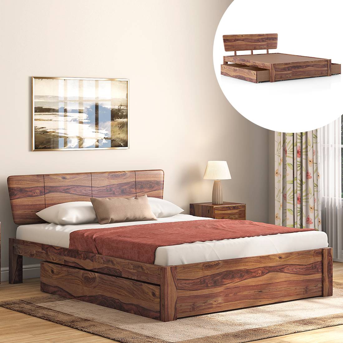 Marieta Solid Wood Queen Size Drawer Storage Bed In Teak Finish