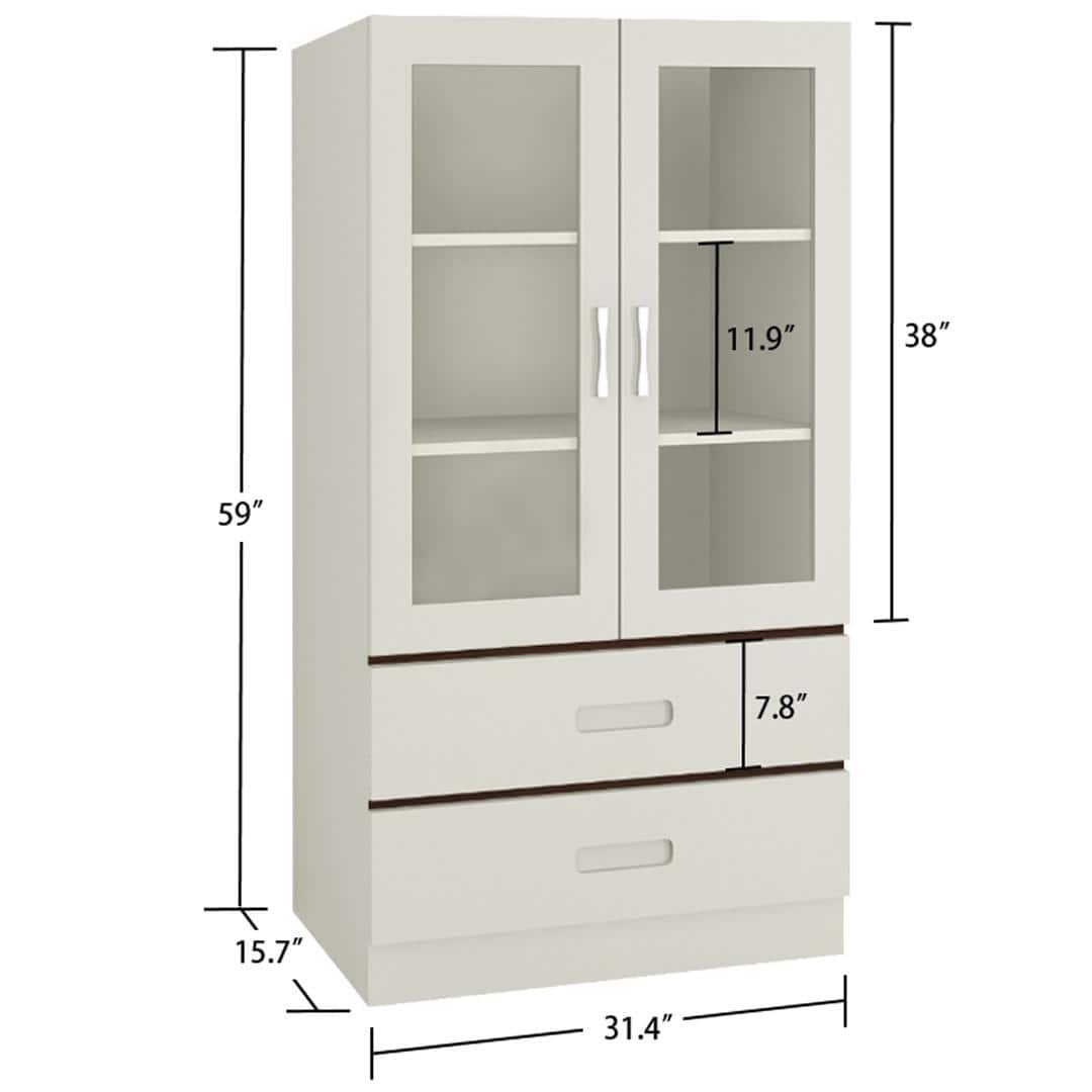 Paloma Large Crockery cum Bookshelf Cabinet with Toughened Glass Shutters and Drawers in Ivory Coffee Walnut Colour