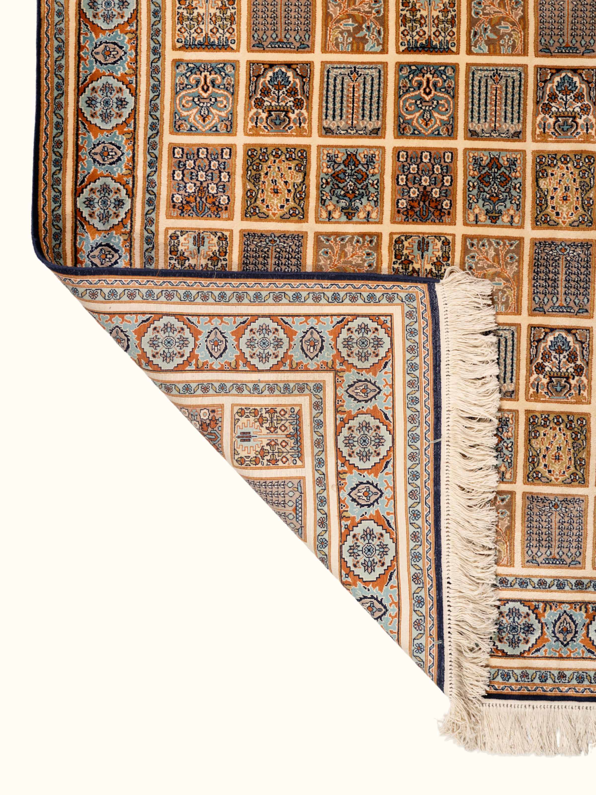 Traditional Persian Beige Dabdar Kashmir Silk Hand-Knotted Carpet