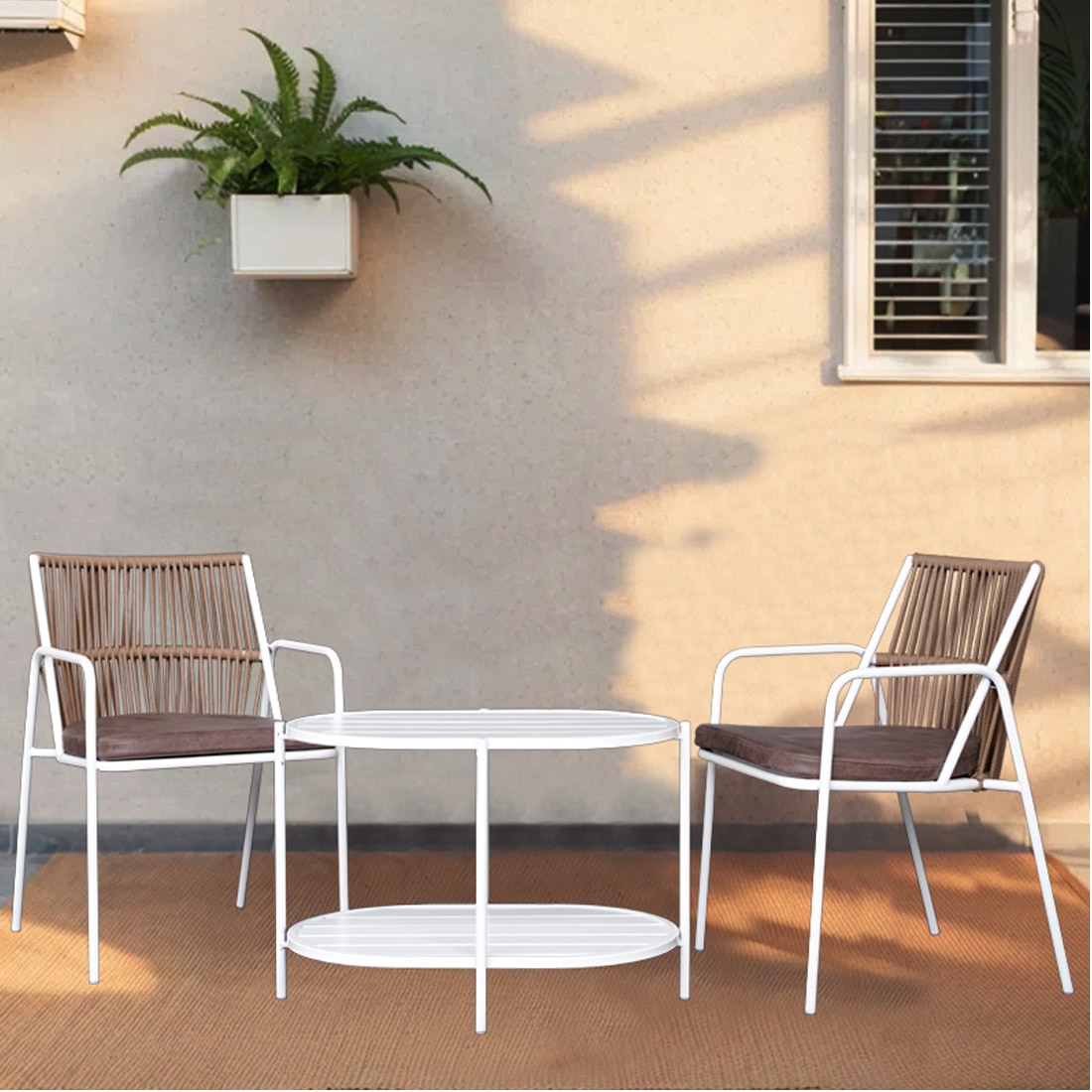 Crema Outdoor Table Set with 1 Table and 2 Chairs in Ivory White