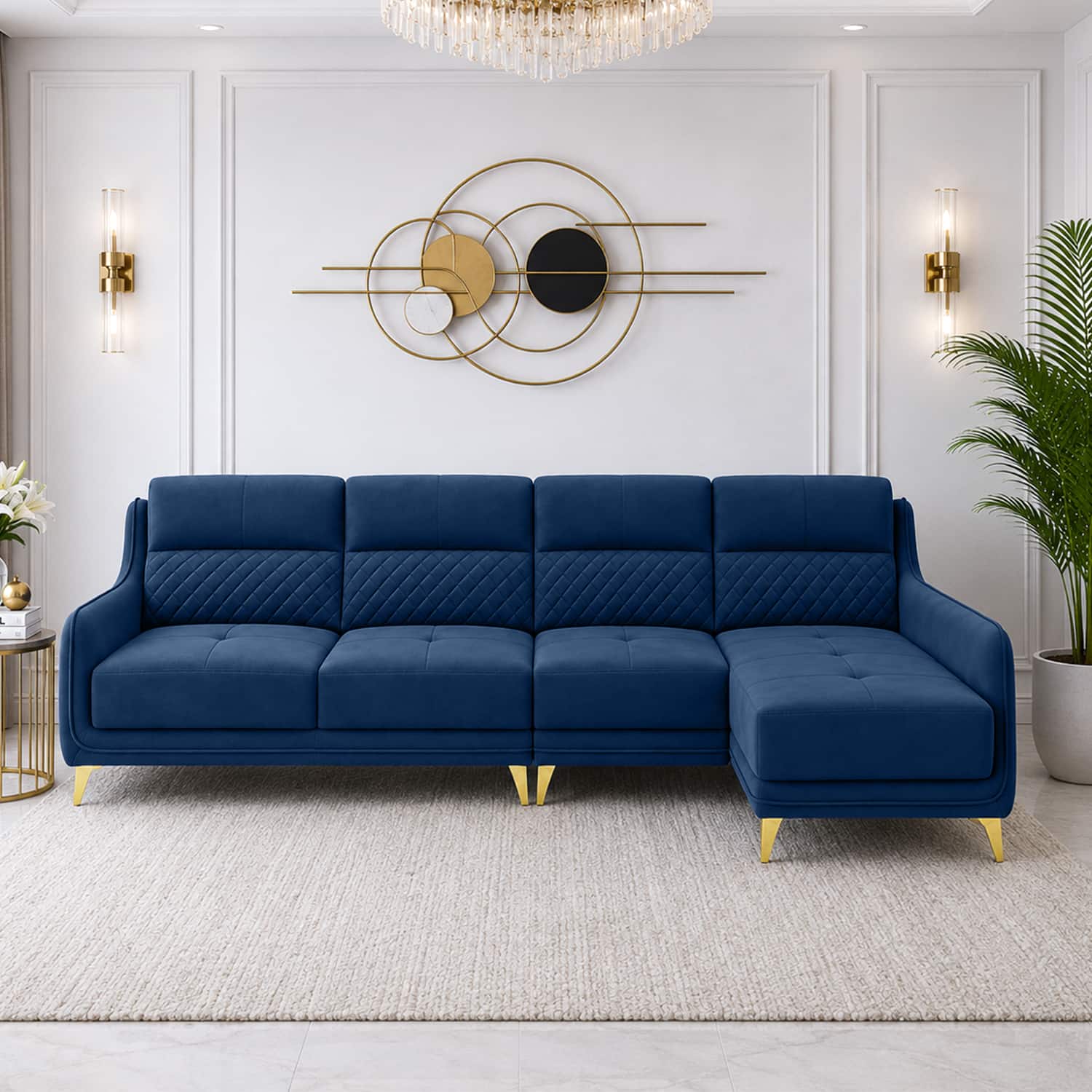 Cinnaro Velvet LHS Sectional Sofa in Navy Blue Color