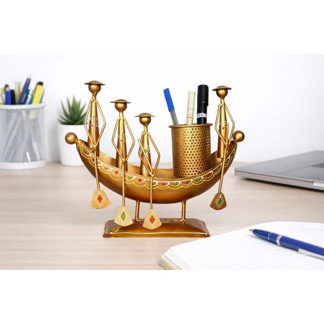Desert Art Metal Handpainted Golden Boat Pen Stand - Desert Art
