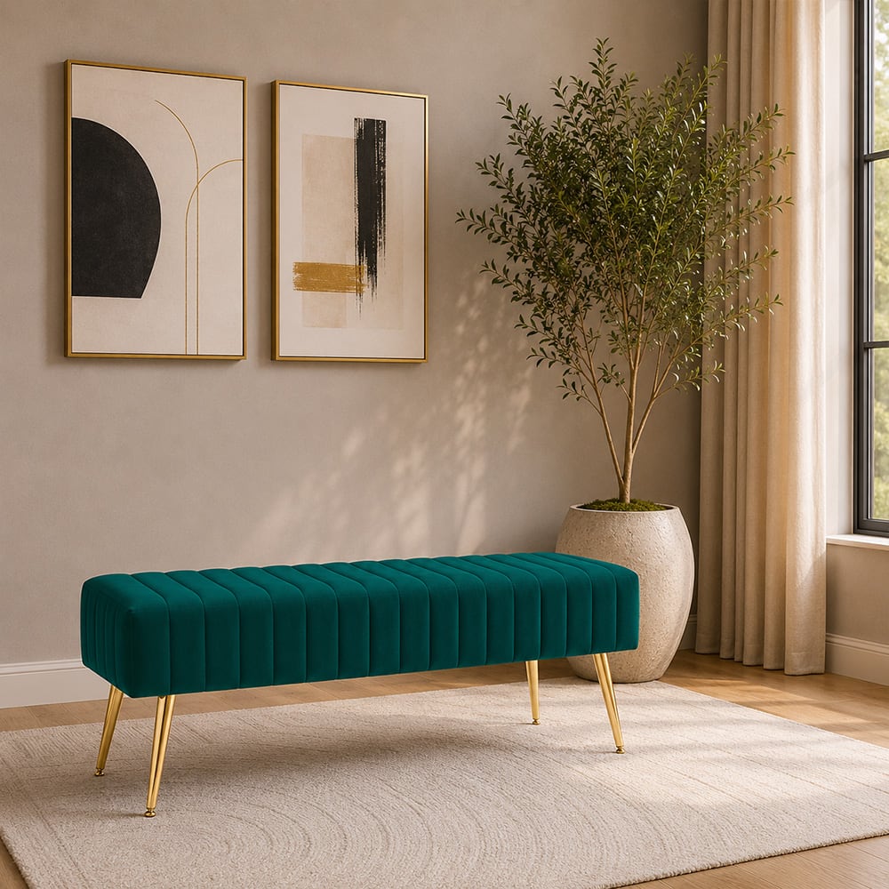 Doe Buck Upholstered Bench in Teal Colour with Channel Stitching and Gold Legs - Doe Buck